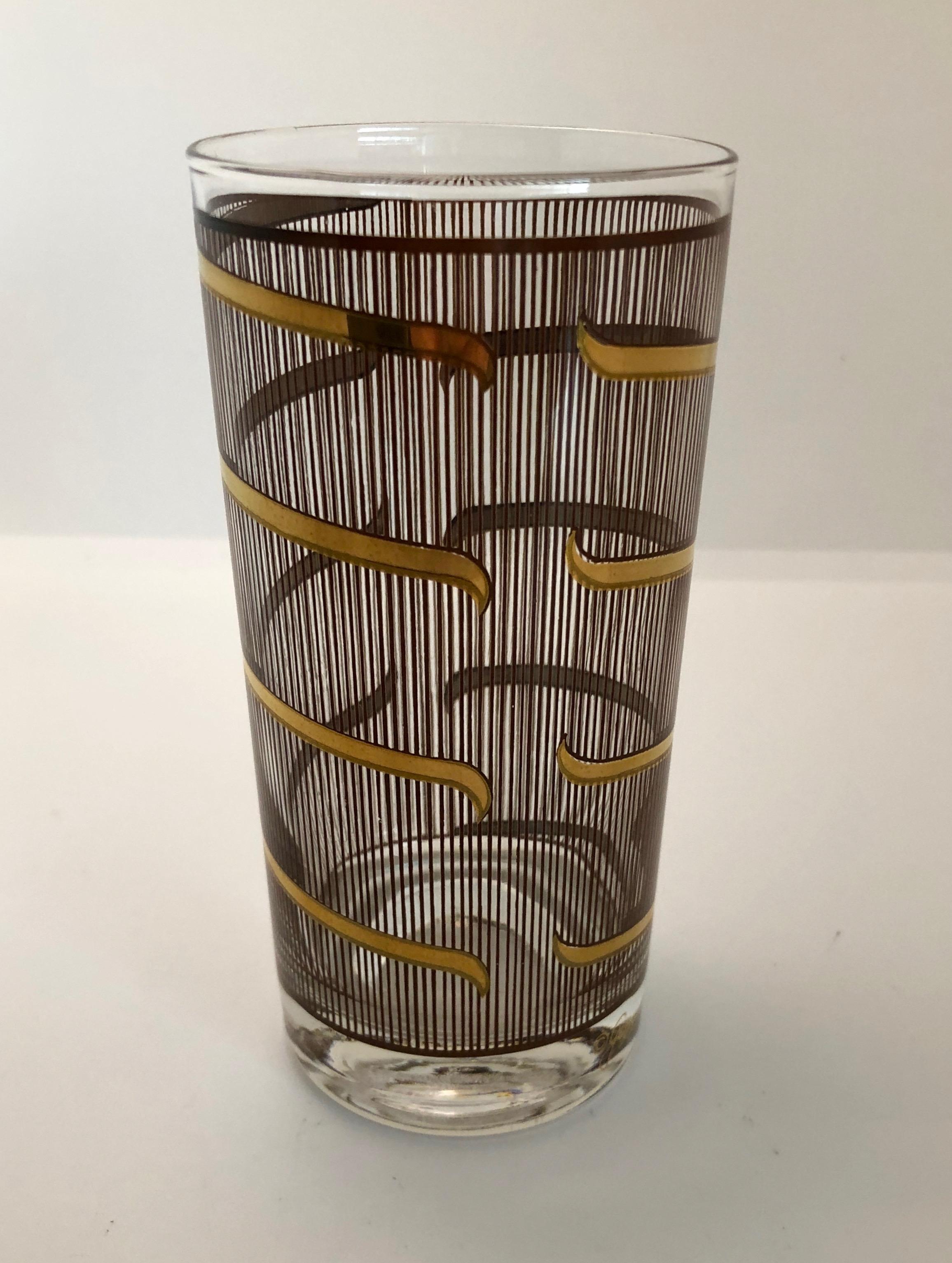 S/6 Georges Briard Gold Gilt Pattern Over Smoked Glass Cocktail Glasses Barware In Good Condition In Houston, TX
