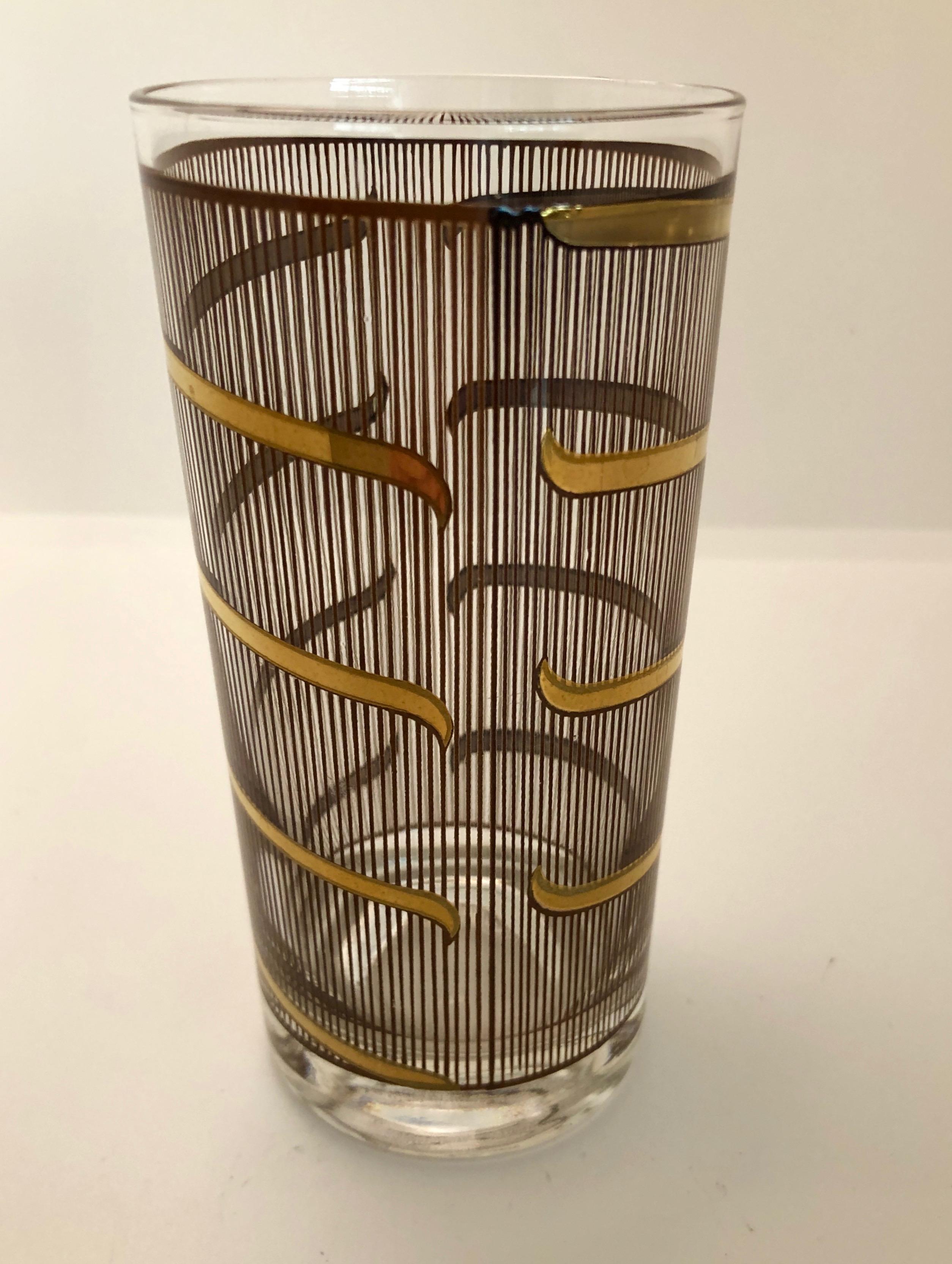 S/6 Georges Briard Gold Gilt Pattern Over Smoked Glass Cocktail Glasses Barware 3