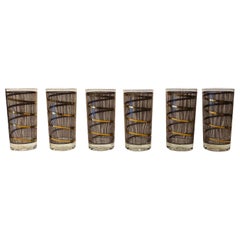 S/6 Georges Briard Gold Gilt Pattern Over Smoked Glass Cocktail Glasses Barware