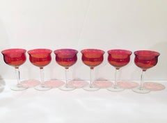 Set of 6 French Ruby Red Crystal with Clear Stem Champagne Coupe Glasses