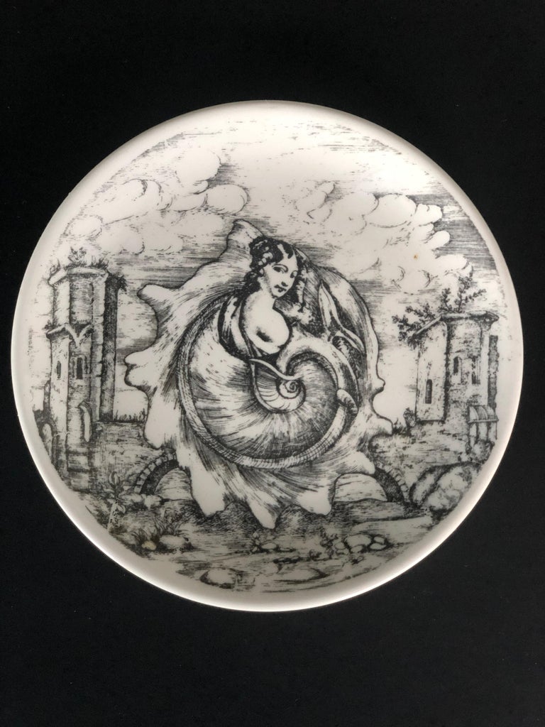 Mid-Century Modern S/6 Black and White Fornasetti Le Oceanidi 'Women in Shells' Porcelain Coasters For Sale