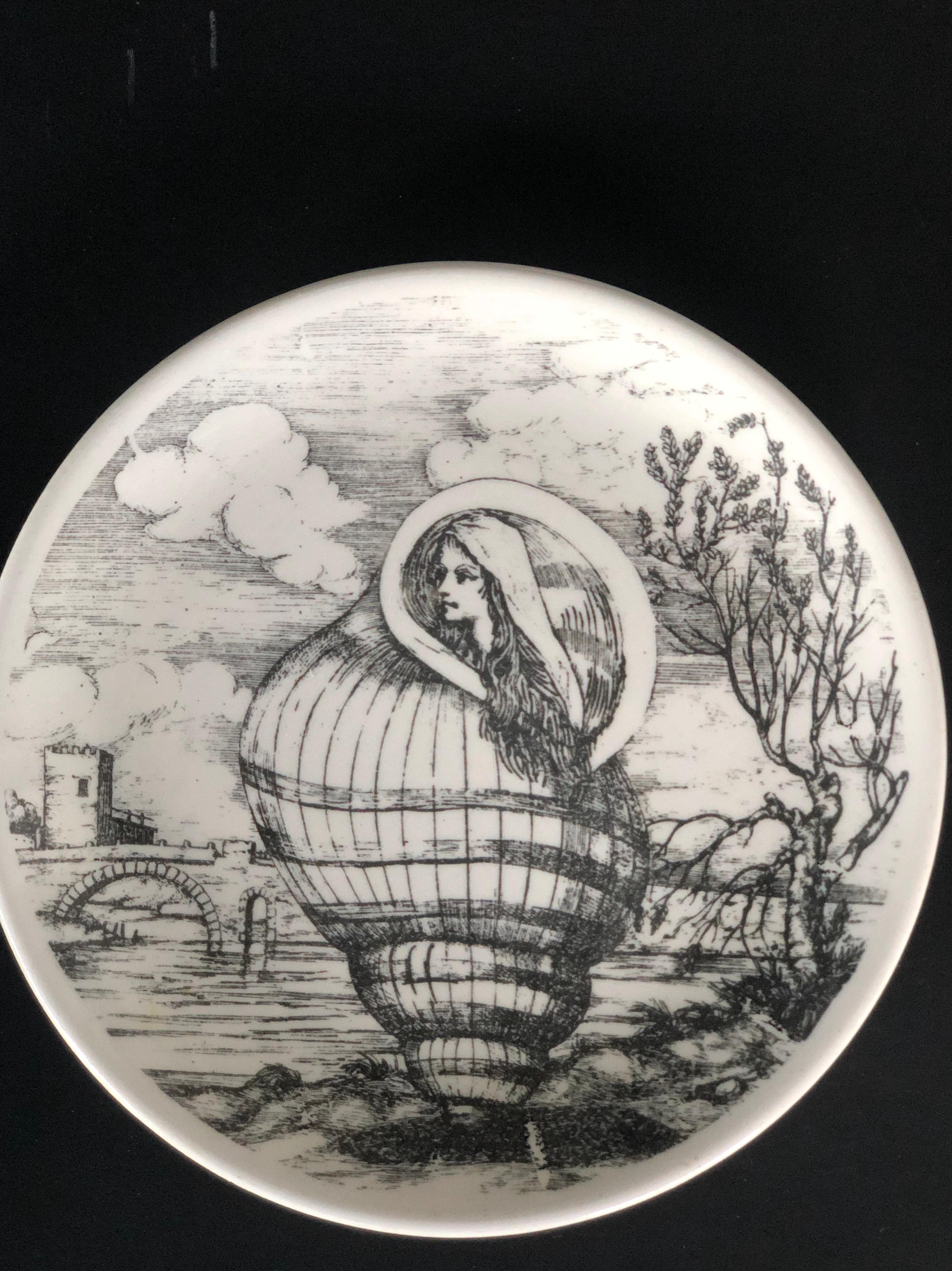 Mid-Century Modern S/6 Black and White Fornasetti Le Oceanidi 'Women in Shells' Porcelain Coasters For Sale