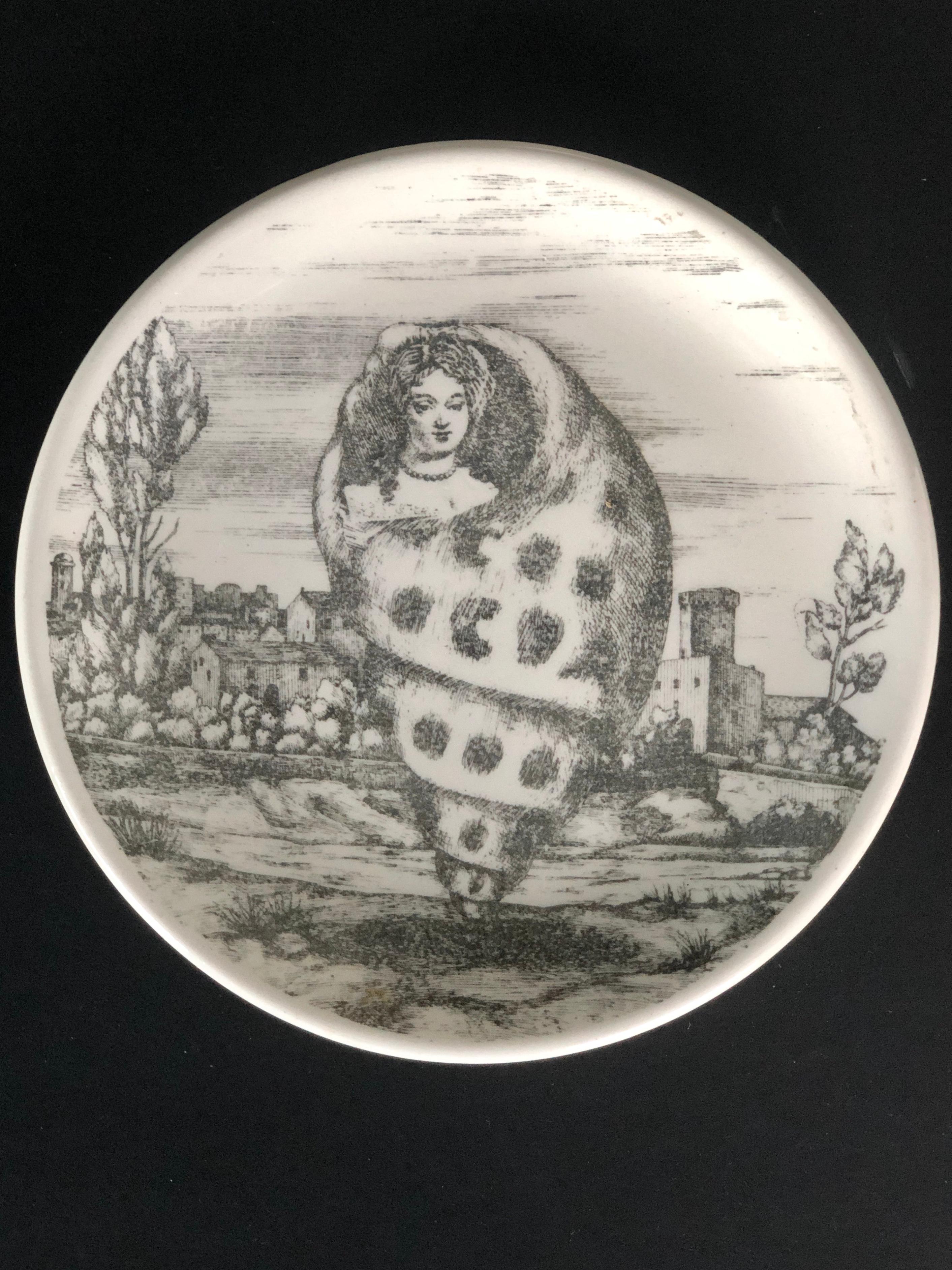 Italian S/6 Black and White Fornasetti Le Oceanidi 'Women in Shells' Porcelain Coasters For Sale