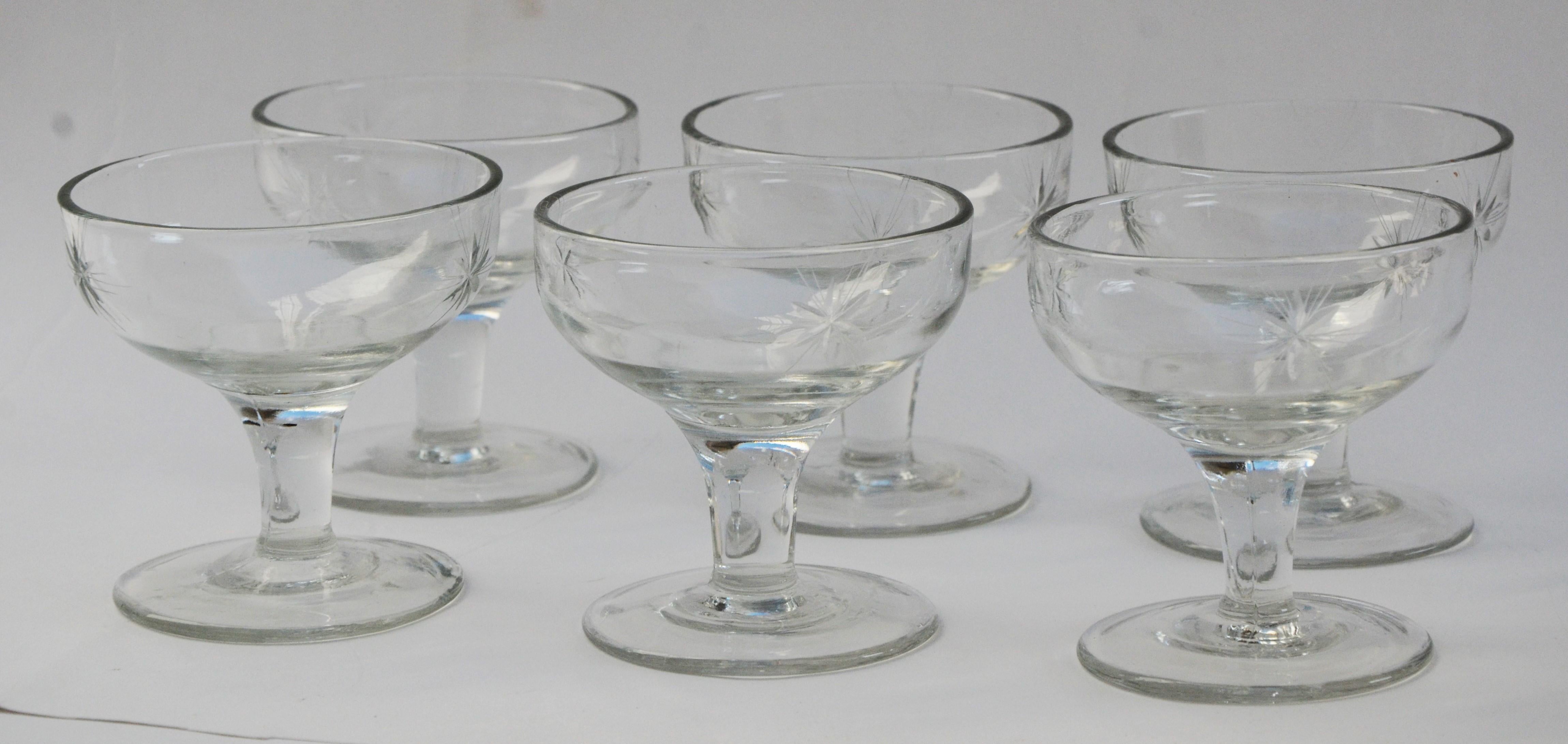 Set of 6 Starburst Etched Glass Champagne Coupe Glasses For Sale 1