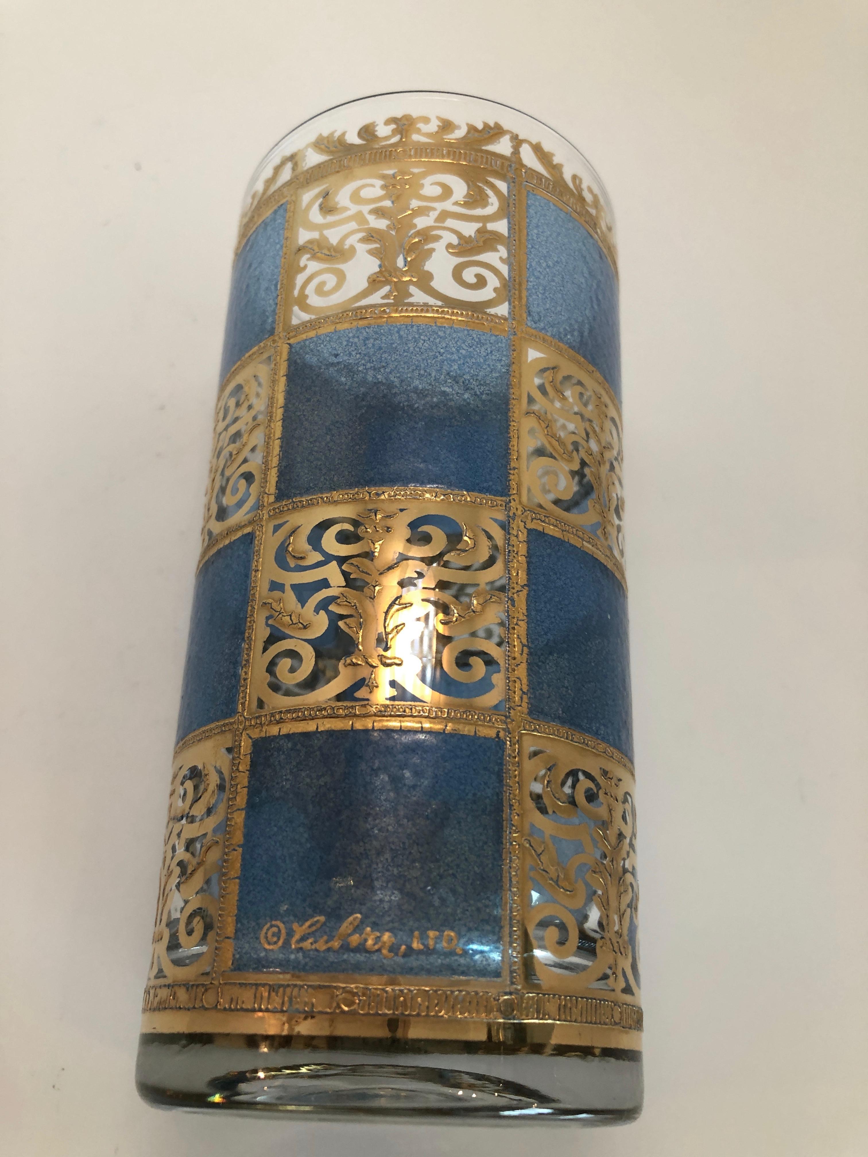 S/7 Culver Green Blue Gold Gilt Filagree w/ Moroccan Style Tall Cocktail Glasses For Sale 7