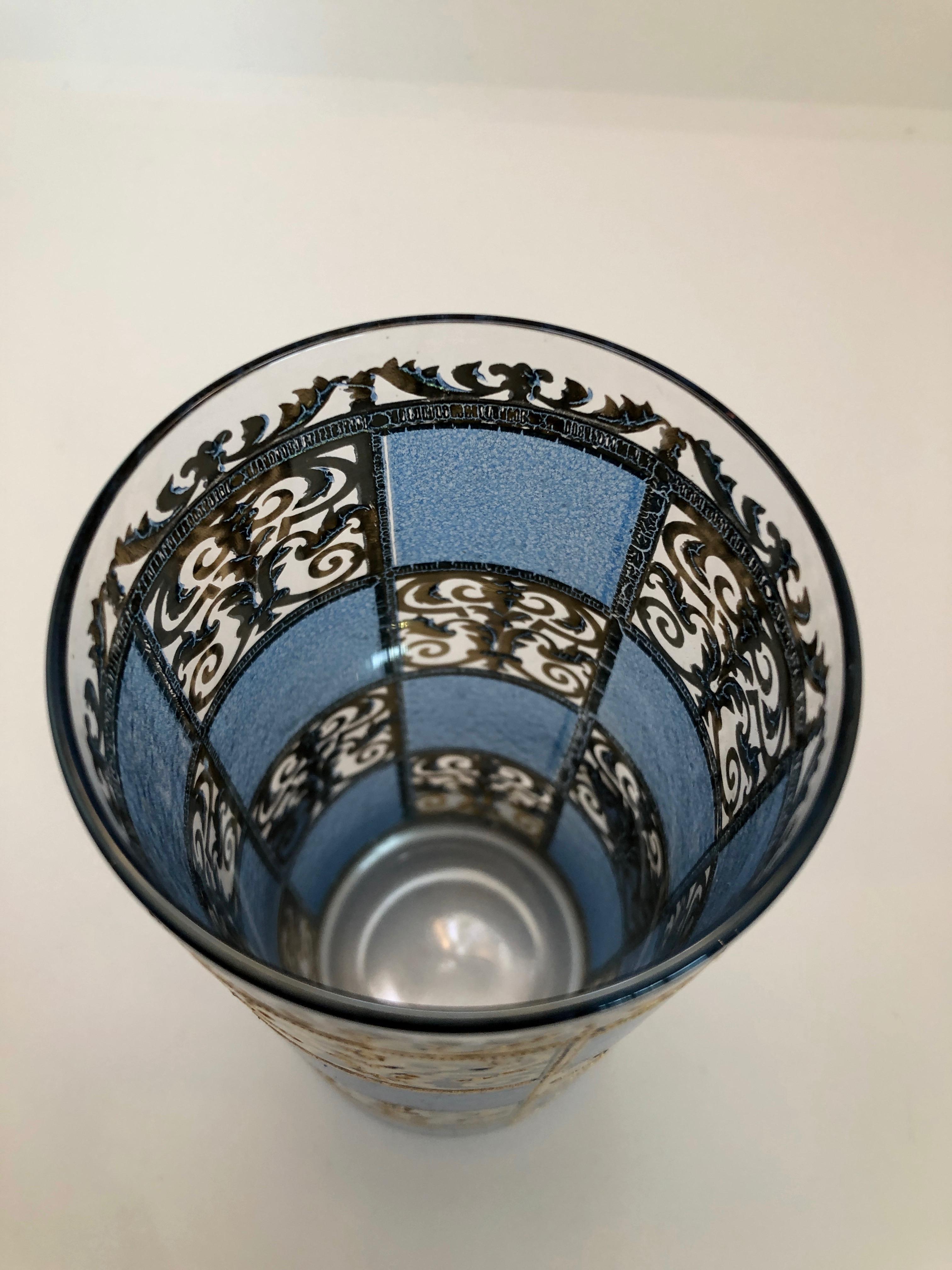 S/7 Culver Green Blue Gold Gilt Filagree w/ Moroccan Style Tall Cocktail Glasses For Sale 8