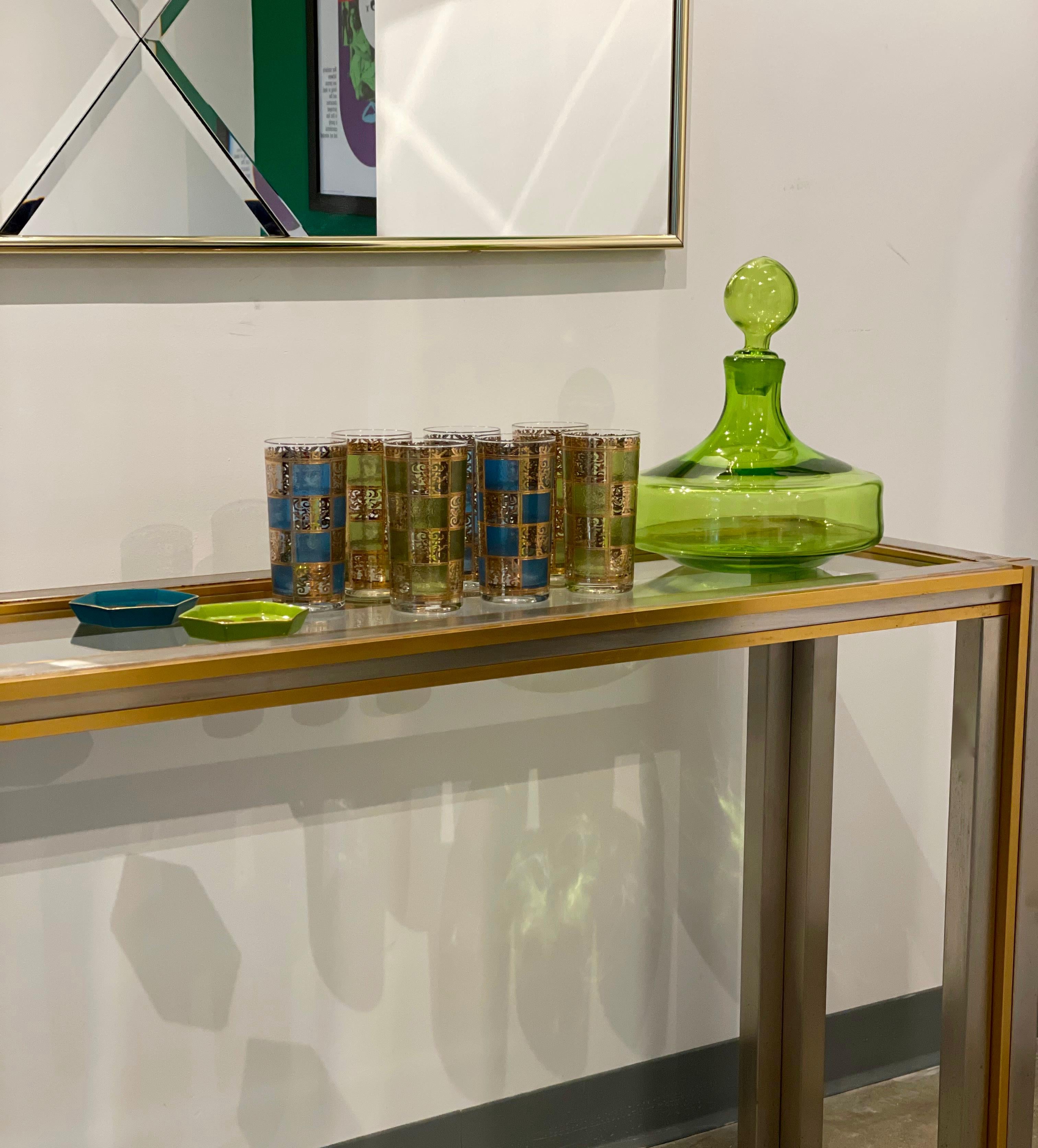 S/7 Culver Green Blue Gold Gilt Filagree w/ Moroccan Style Tall Cocktail Glasses For Sale 10