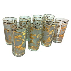 S/8 Gold Gilt and Frosted Overly Chinoiserie Fred Press Style Cocktail Glasses