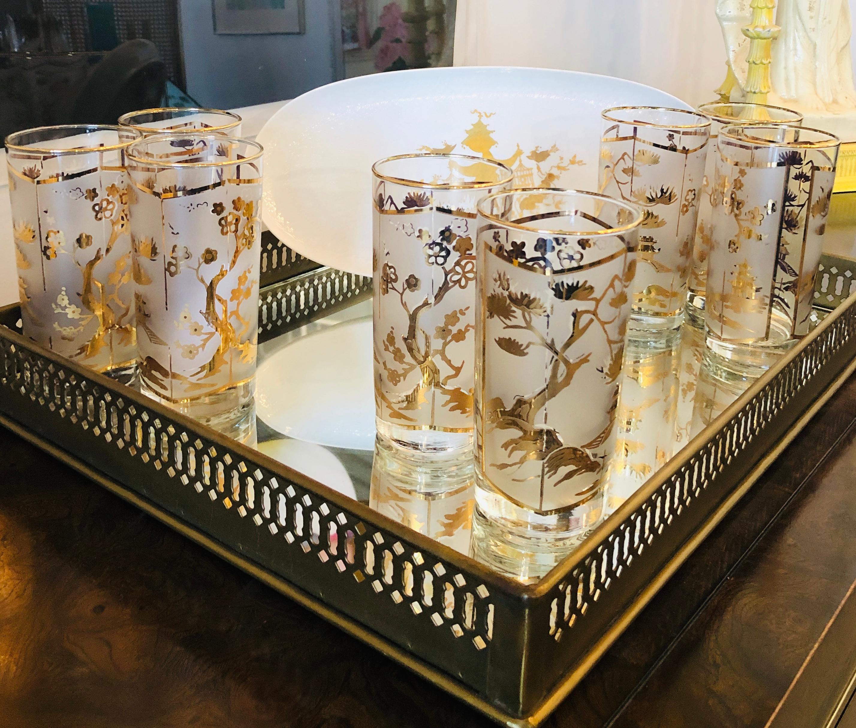S/8 Gold Gilt and Frosted Overly Chinoiserie Fred Press Style Cocktail Glasses 7