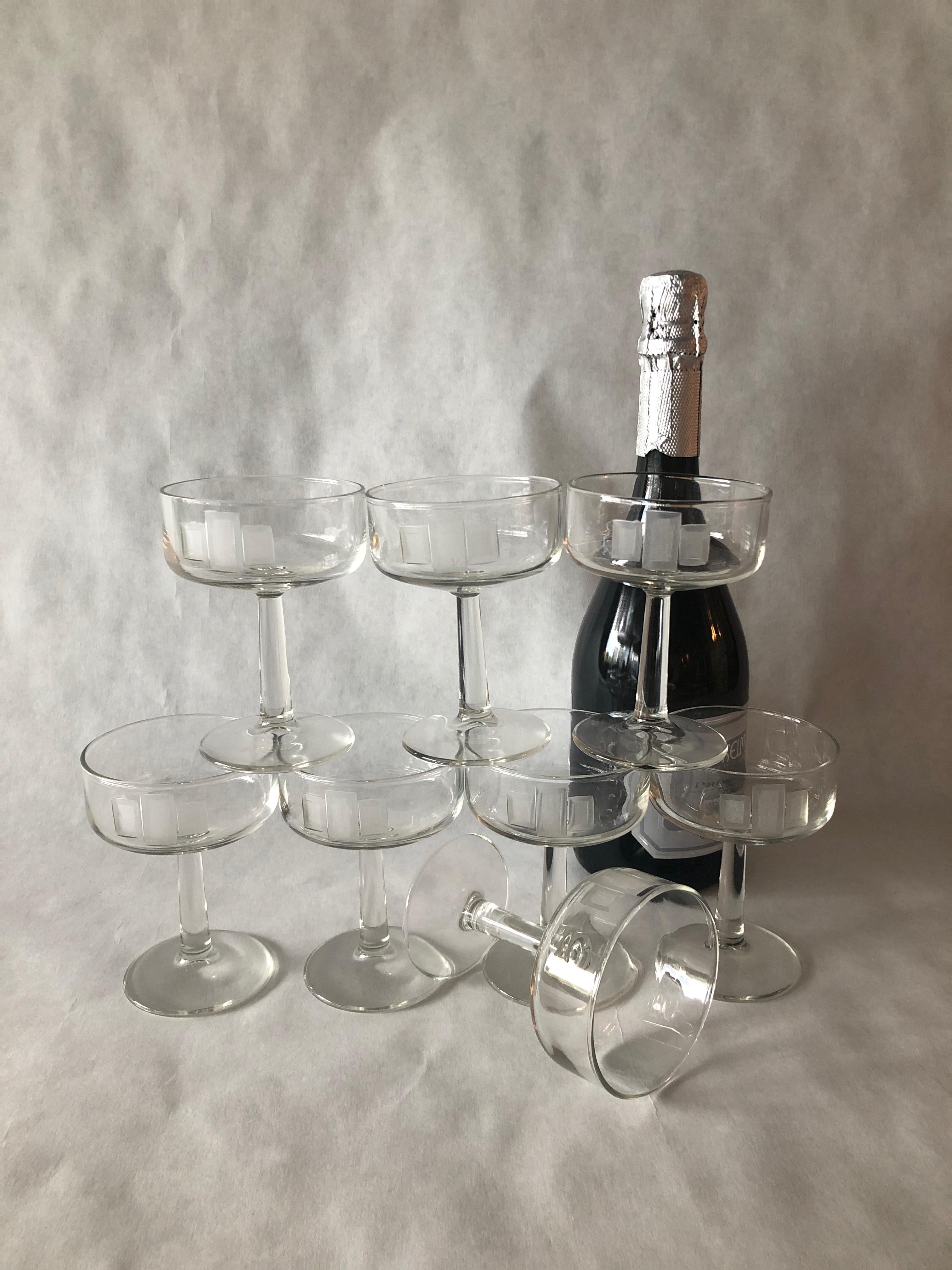 S/8 Handmade Frosted Etched Deco Style Accent Over Clear Glass Champagne Coupes For Sale 12