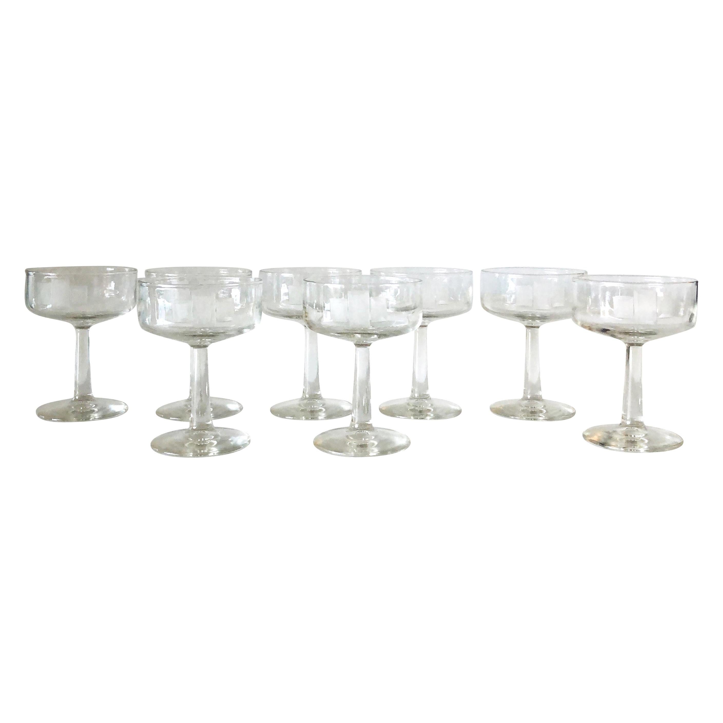S/8 Handmade Frosted Etched Deco Style Accent Over Clear Glass Champagne Coupes For Sale