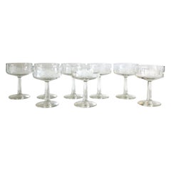 S/8 Handmade Frosted Etched Deco Style Accent Over Clear Glass Champagne Coupes