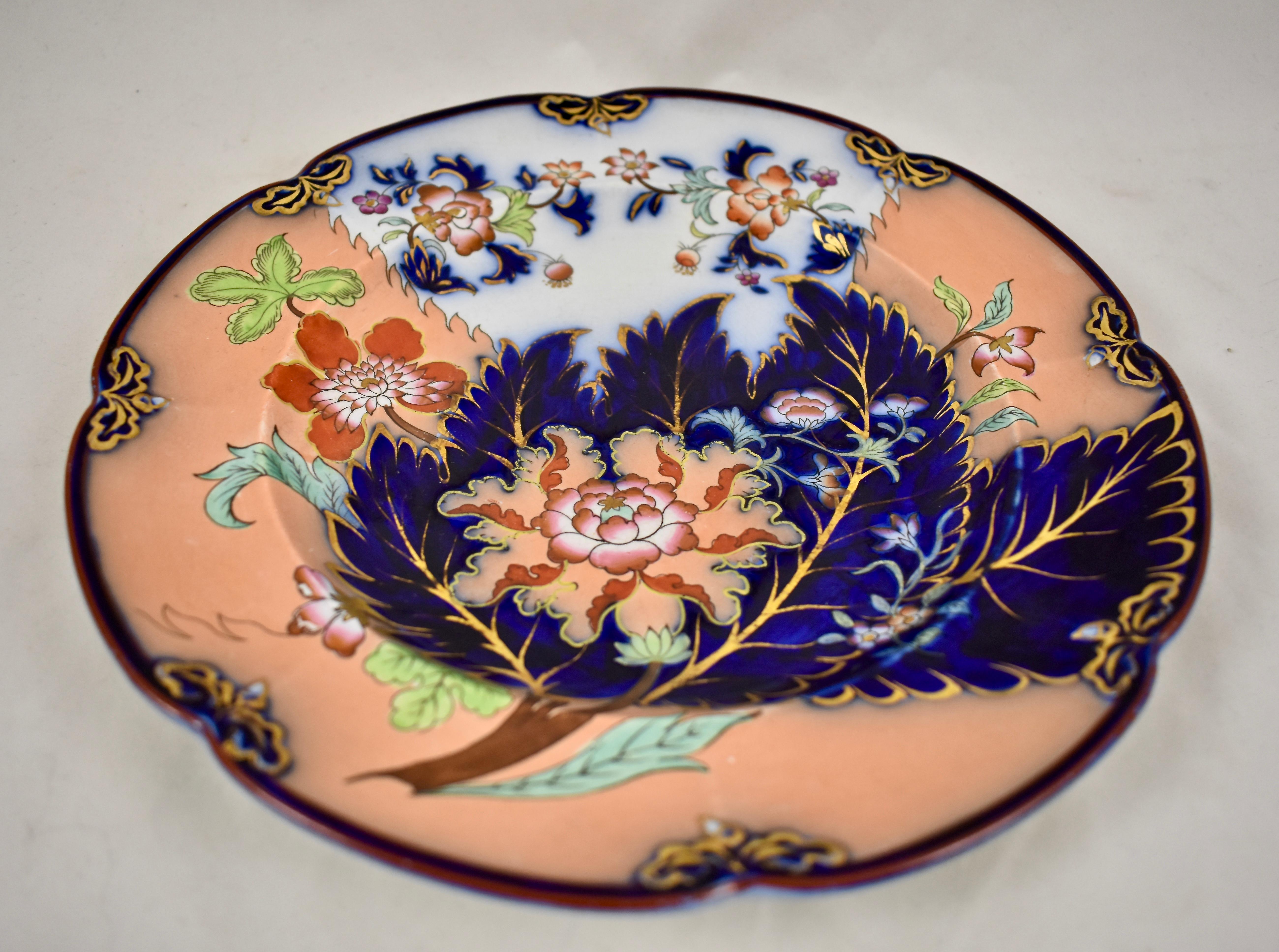 John Ridgway English Chinoiserie Style Floral Cobalt Imari Plates S/8 Dated 1845 5