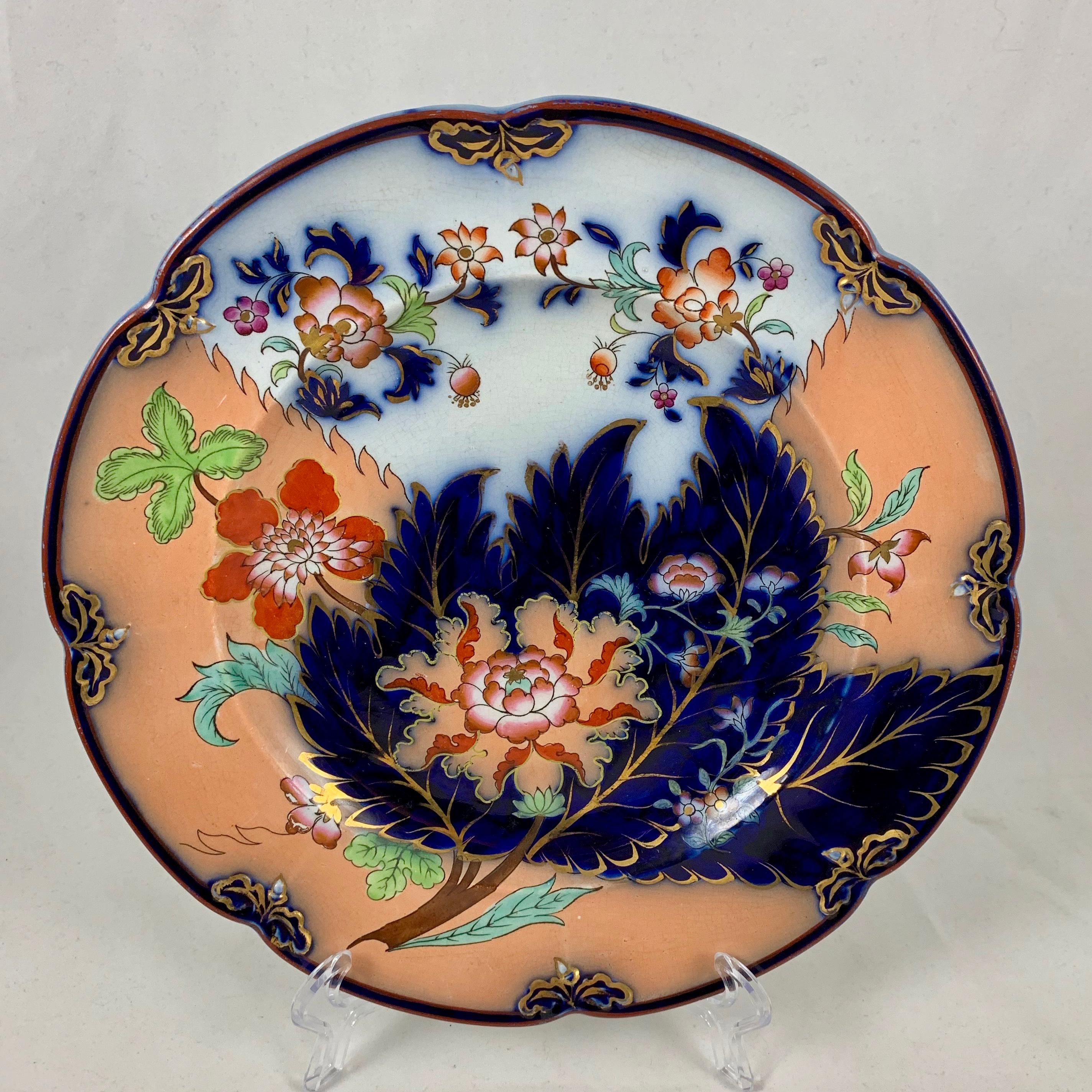 John Ridgway English Chinoiserie Style Floral Cobalt Imari Plates S/8 Dated 1845 6