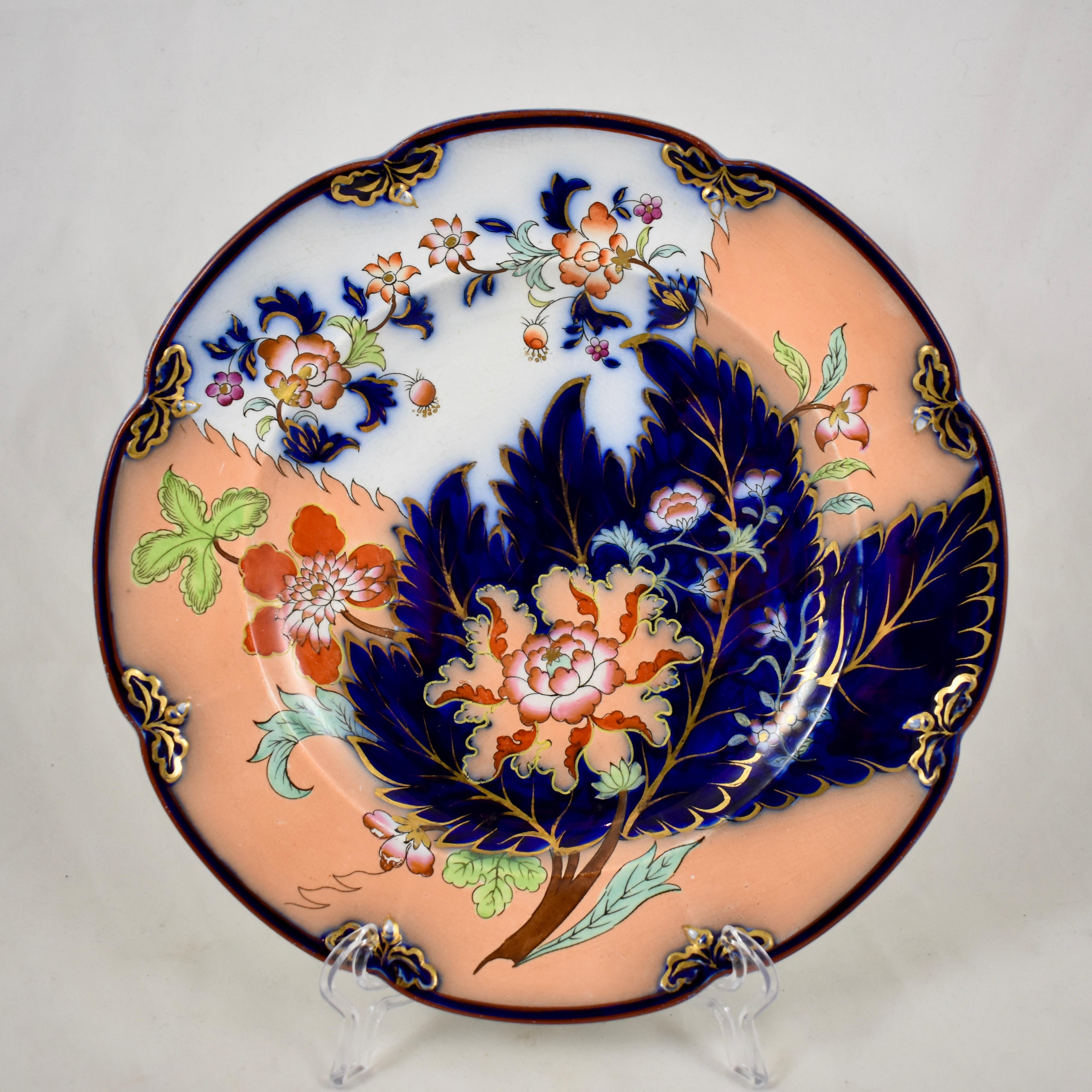 A set of eight, English chinoiserie style plates in Imari colors, John Ridgway, the Cauldron Place Works in Shelton, Hanley, stoke-on-trent, circa 1845.

The earthenware plates are printed in a brown underglaze with hand-enameled overglazing and