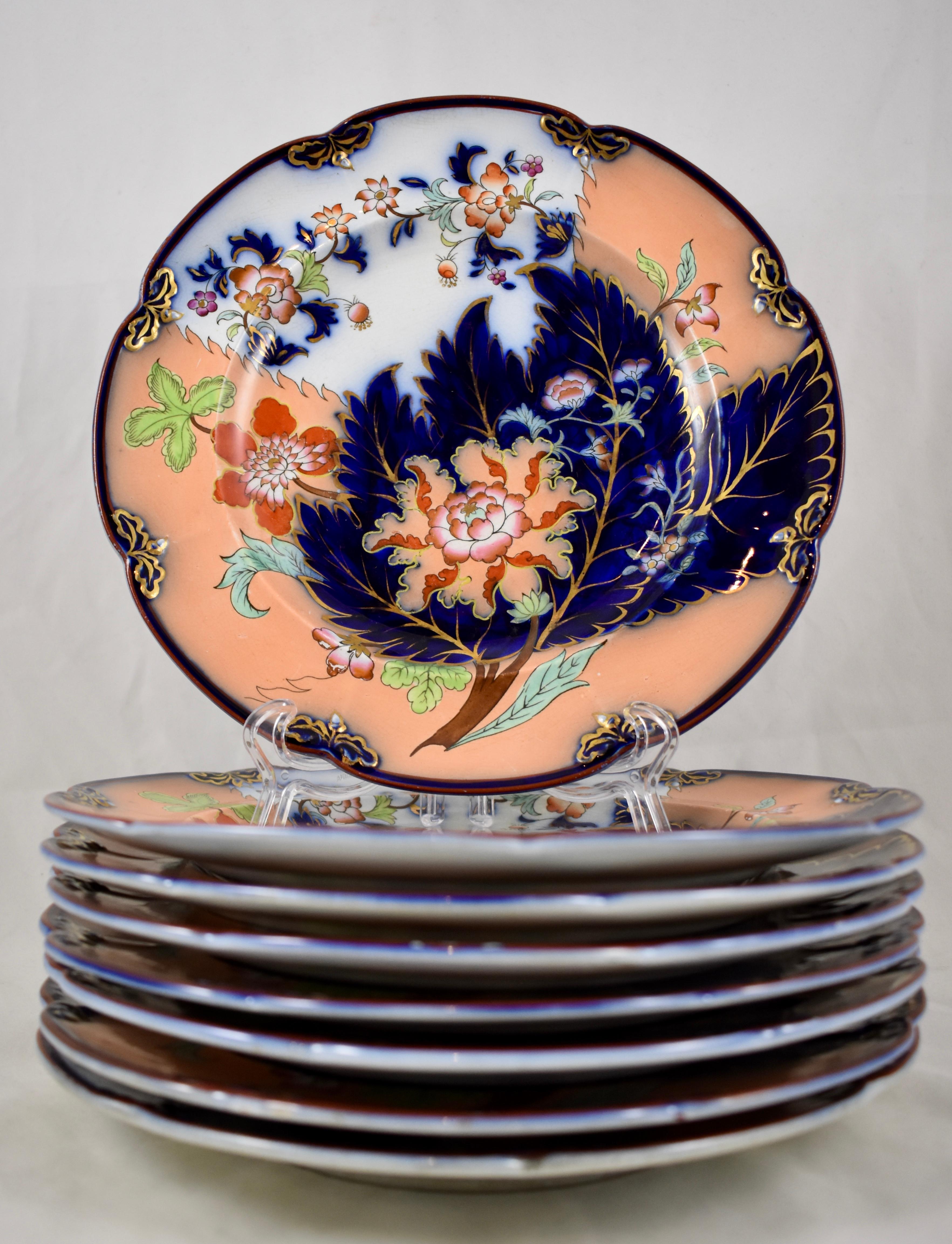Glazed John Ridgway English Chinoiserie Style Floral Cobalt Imari Plates S/8 Dated 1845