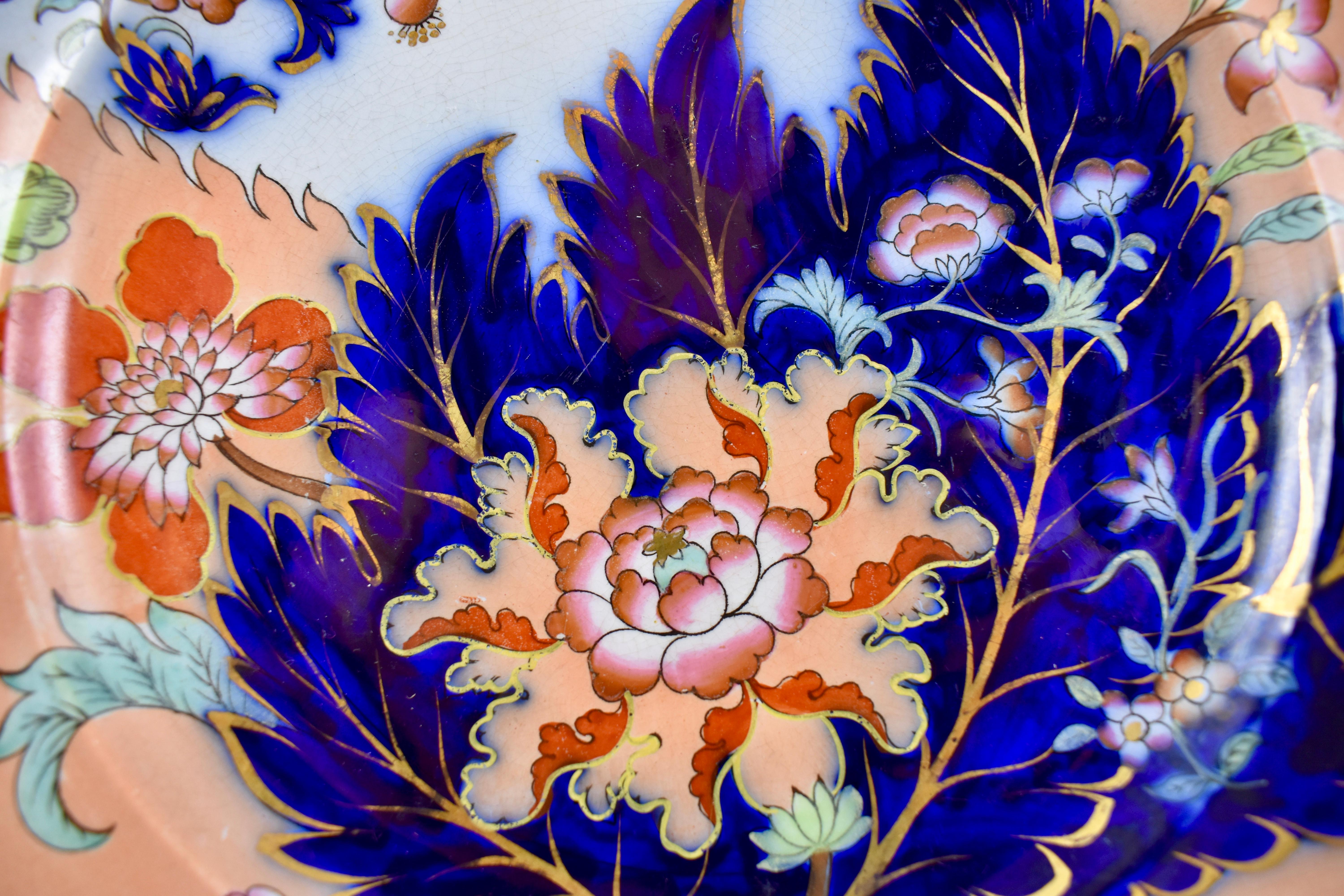 John Ridgway English Chinoiserie Style Floral Cobalt Imari Plates S/8 Dated 1845 In Good Condition In Philadelphia, PA