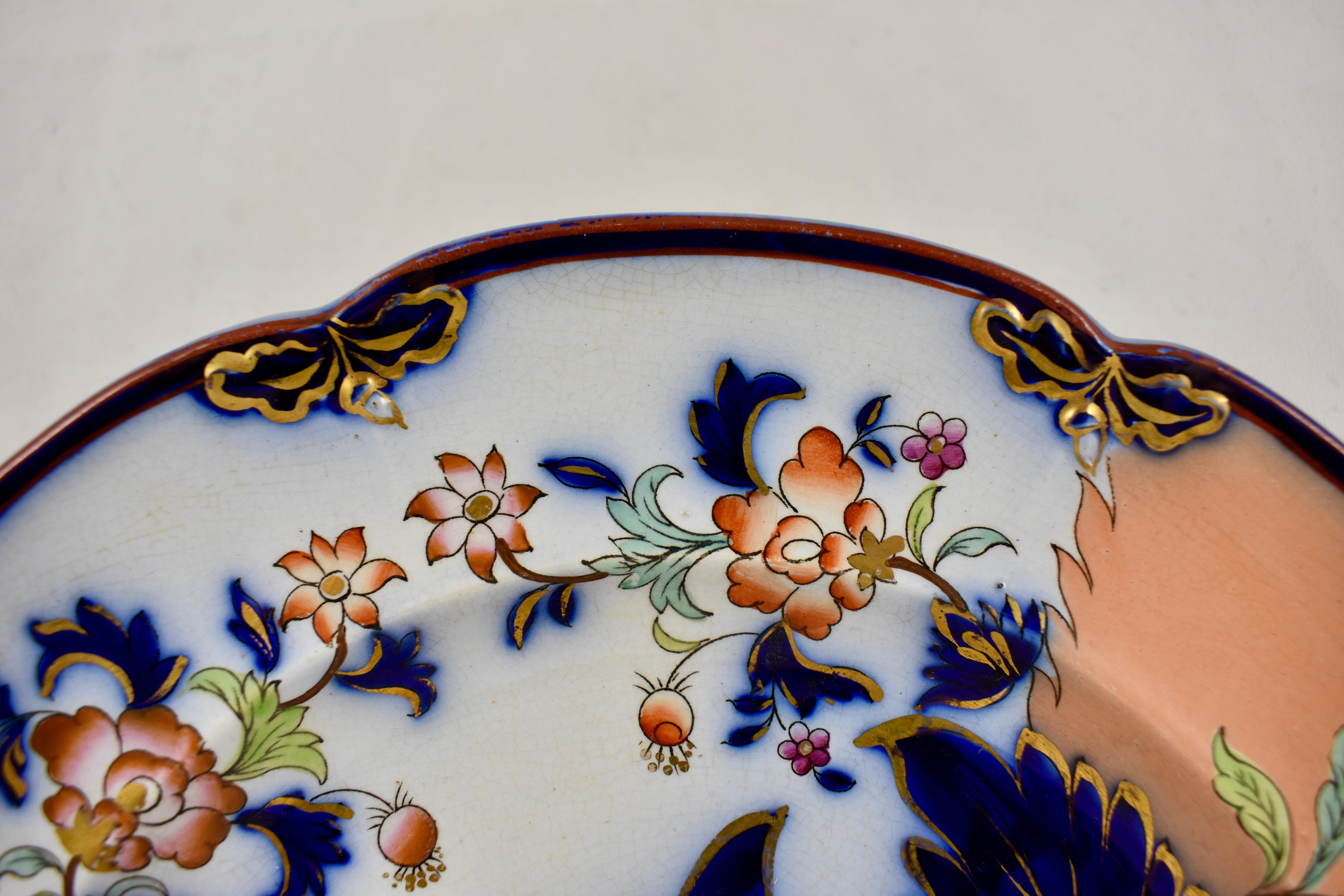 Earthenware John Ridgway English Chinoiserie Style Floral Cobalt Imari Plates S/8 Dated 1845