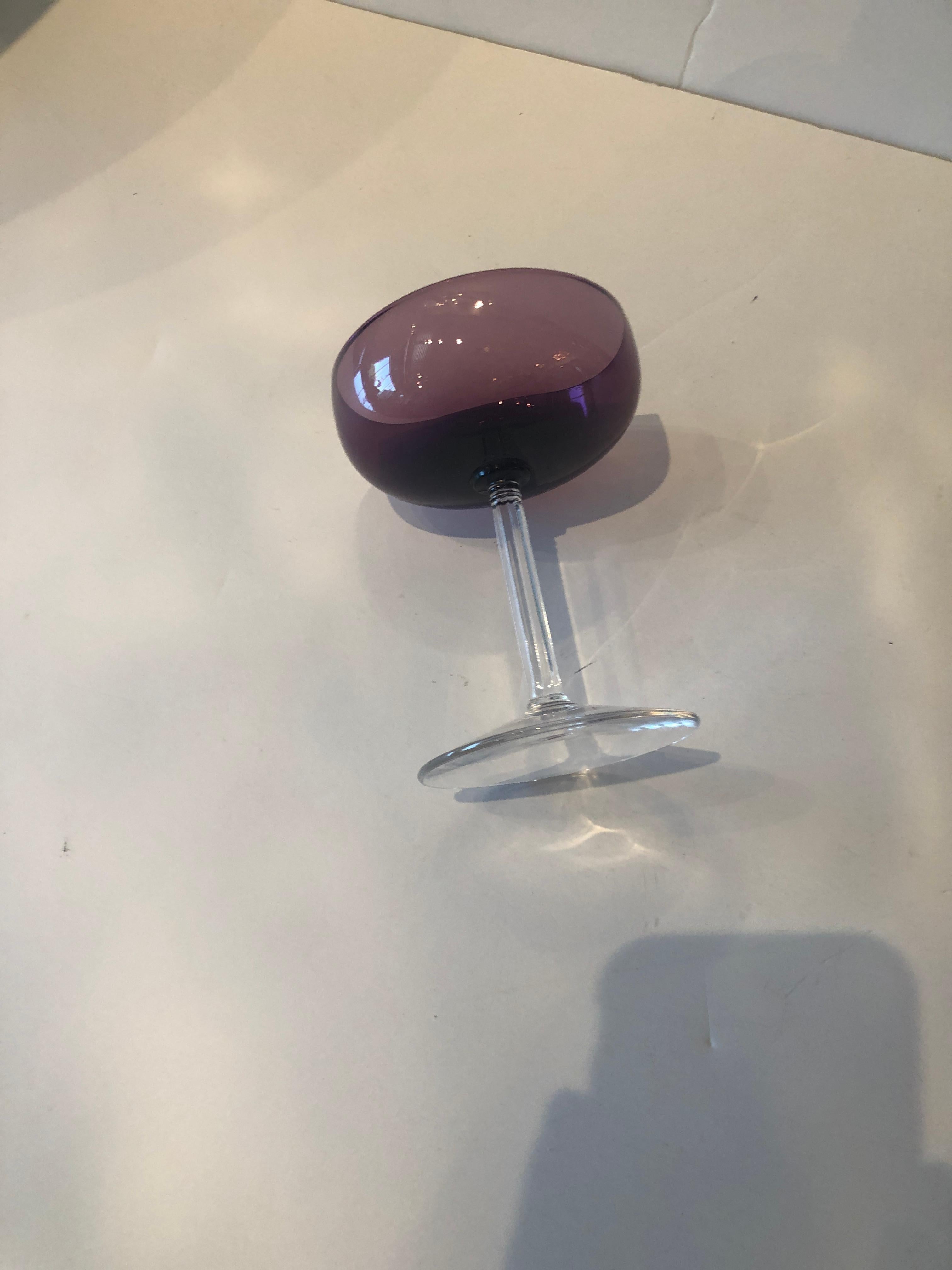 S/8 Translucent Purple & Clear Fluted Stem Fostoria Crystal Champagne Coupes For Sale 6