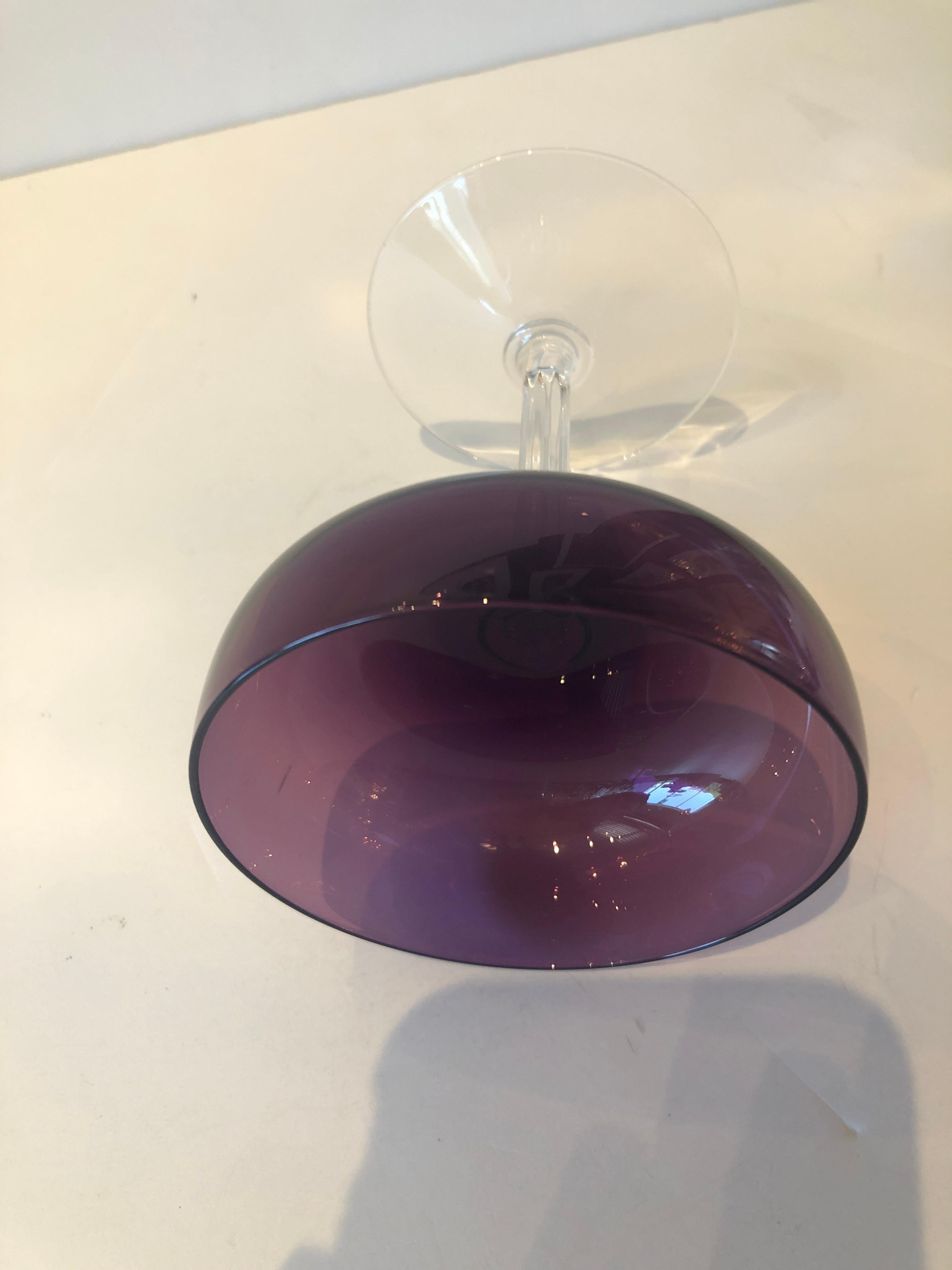 S/8 Translucent Purple & Clear Fluted Stem Fostoria Crystal Champagne Coupes For Sale 7