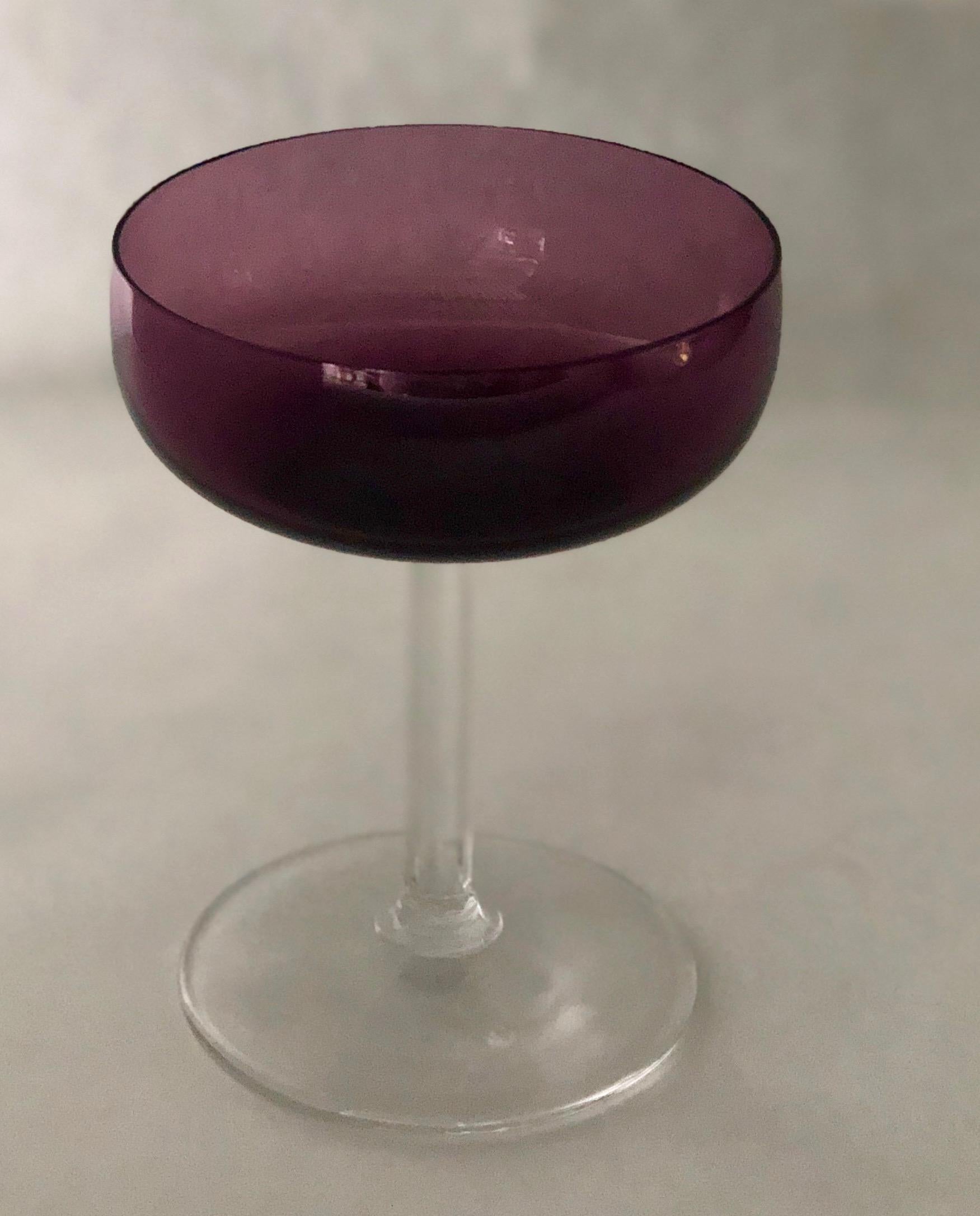 S/8 Translucent Purple & Clear Fluted Stem Fostoria Crystal Champagne Coupes For Sale 8