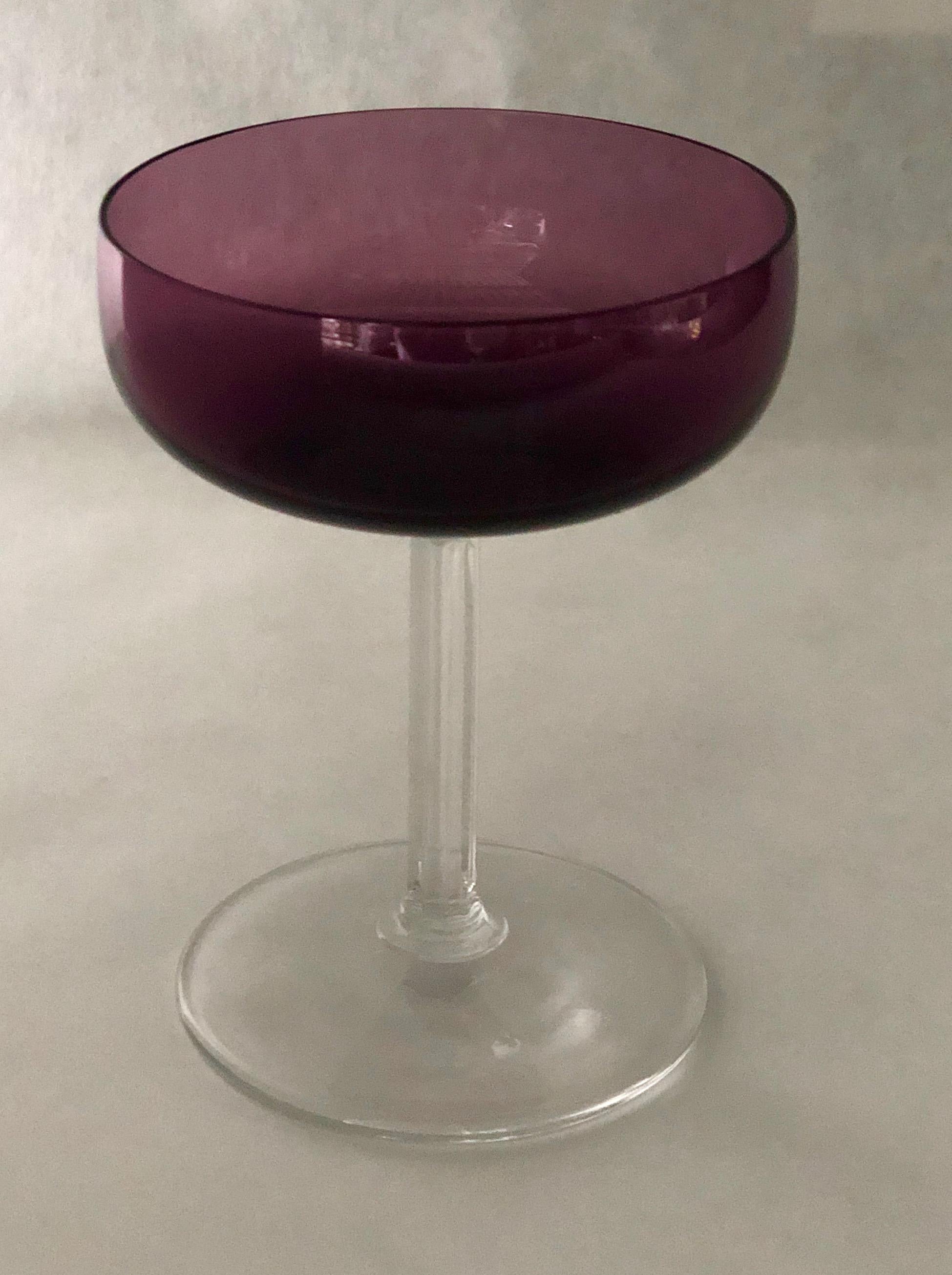 S/8 Translucent Purple & Clear Fluted Stem Fostoria Crystal Champagne Coupes For Sale 9