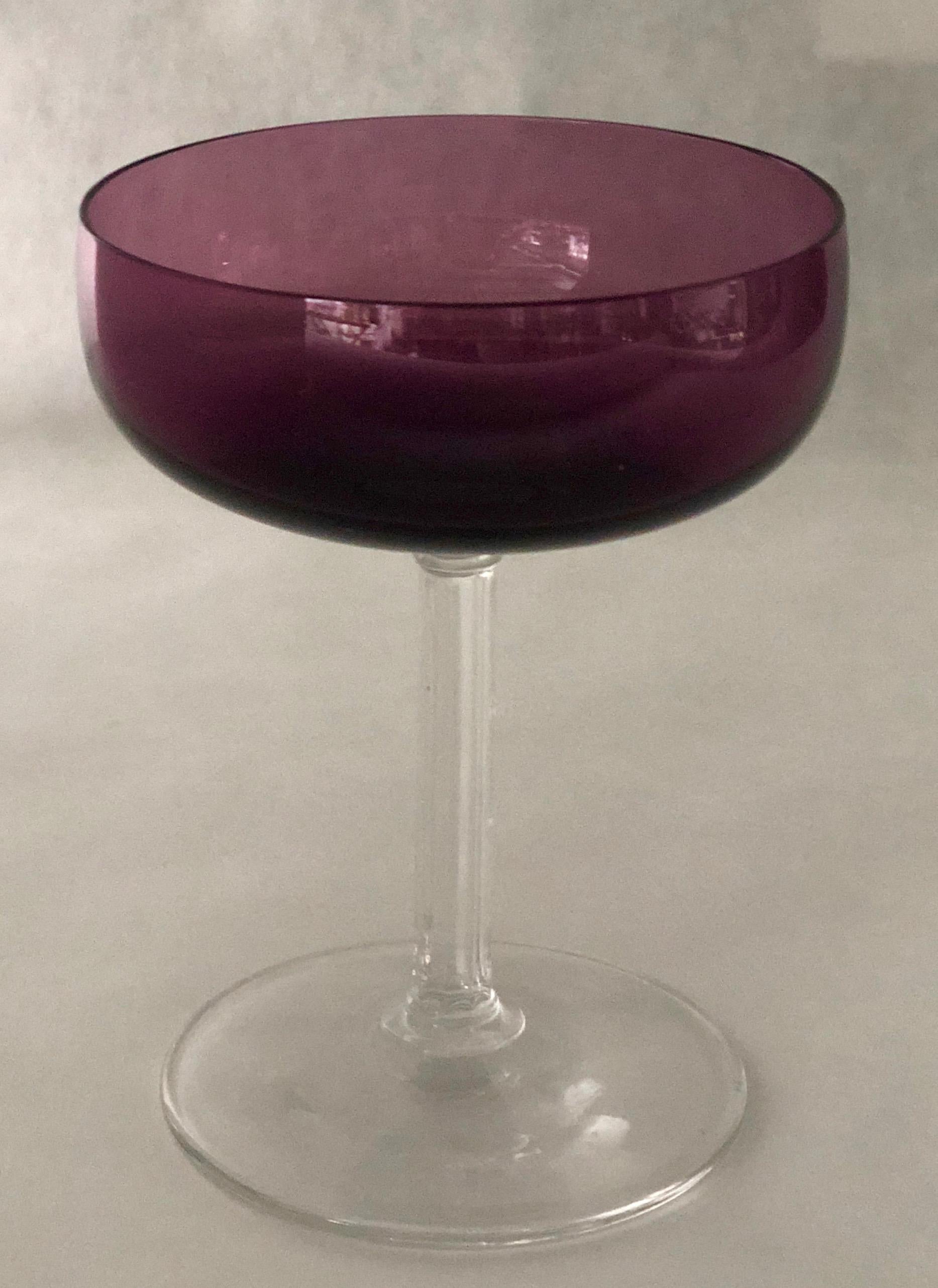 S/8 Translucent Purple & Clear Fluted Stem Fostoria Crystal Champagne Coupes For Sale 10