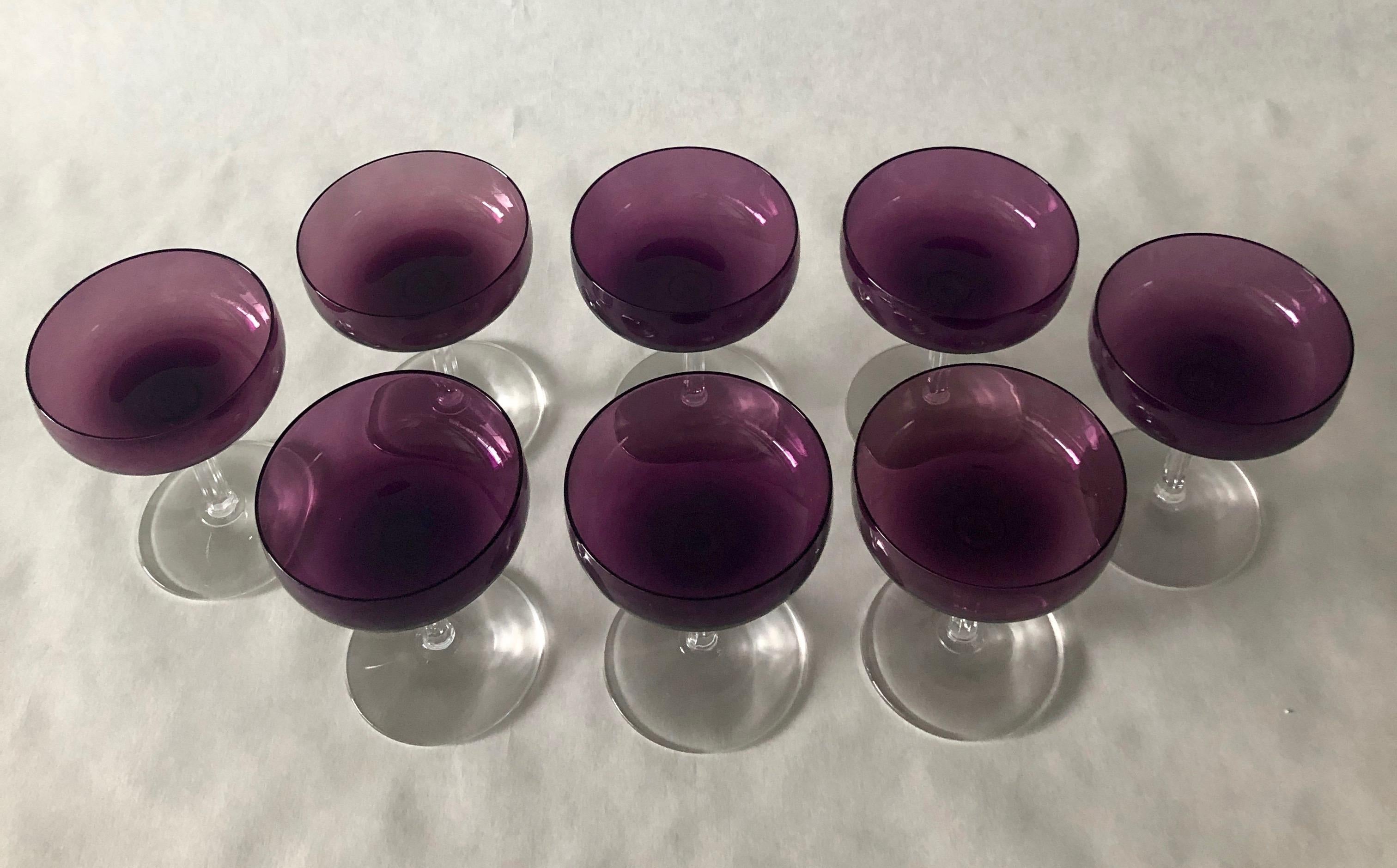 20th Century S/8 Translucent Purple & Clear Fluted Stem Fostoria Crystal Champagne Coupes For Sale
