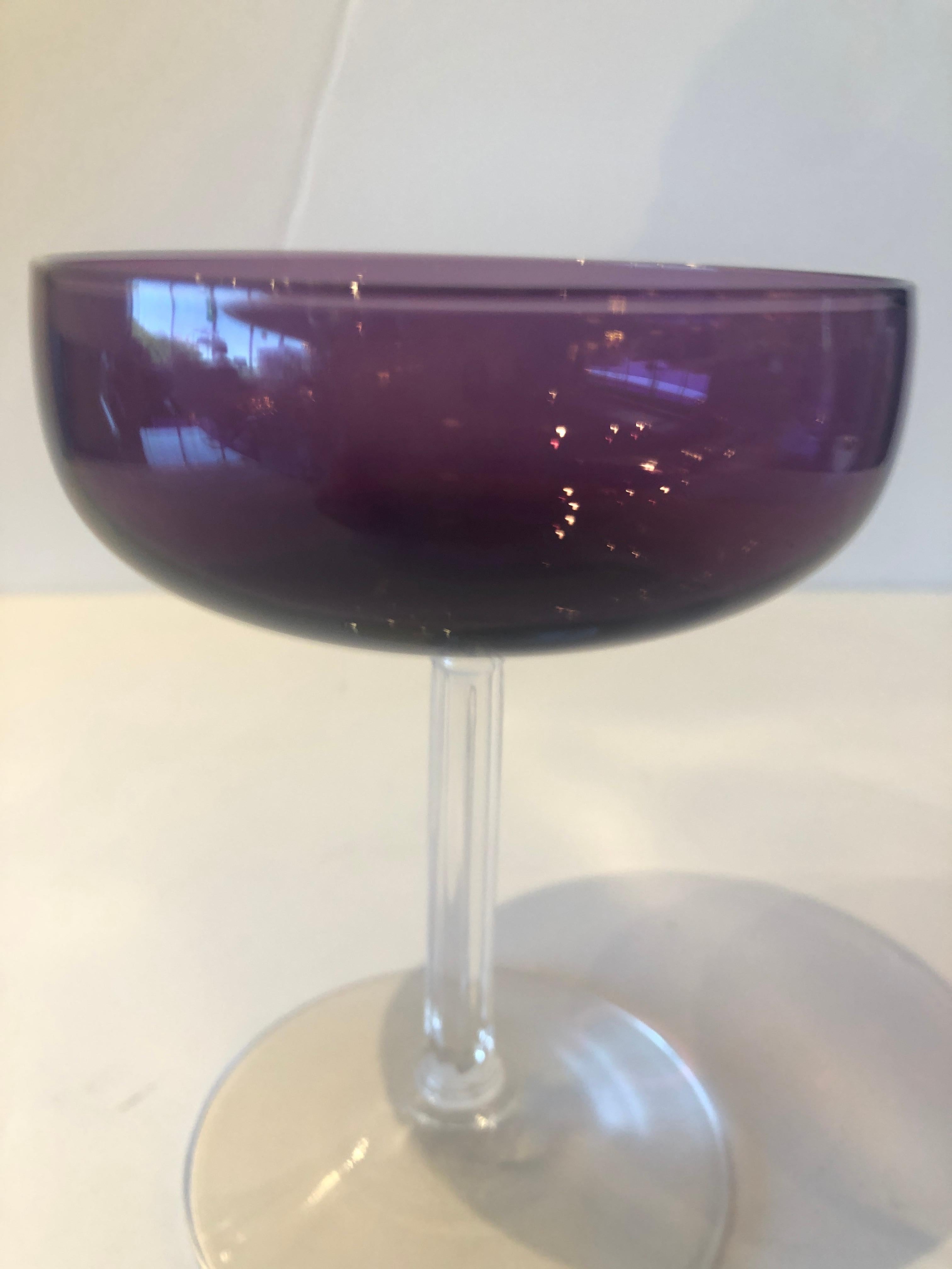 S/8 Translucent Purple & Clear Fluted Stem Fostoria Crystal Champagne Coupes For Sale 3
