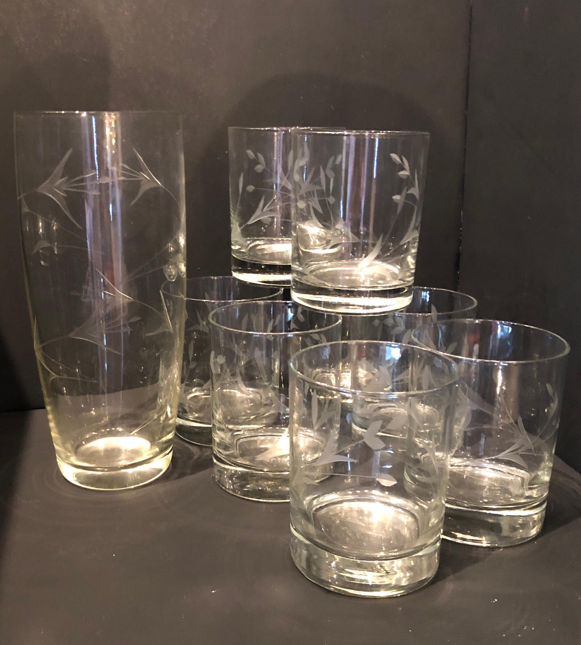 Mid-Century Modern S/9 W Virginia Glass Speciality Co Clear Botanical Engraved Glasses and Carafe For Sale