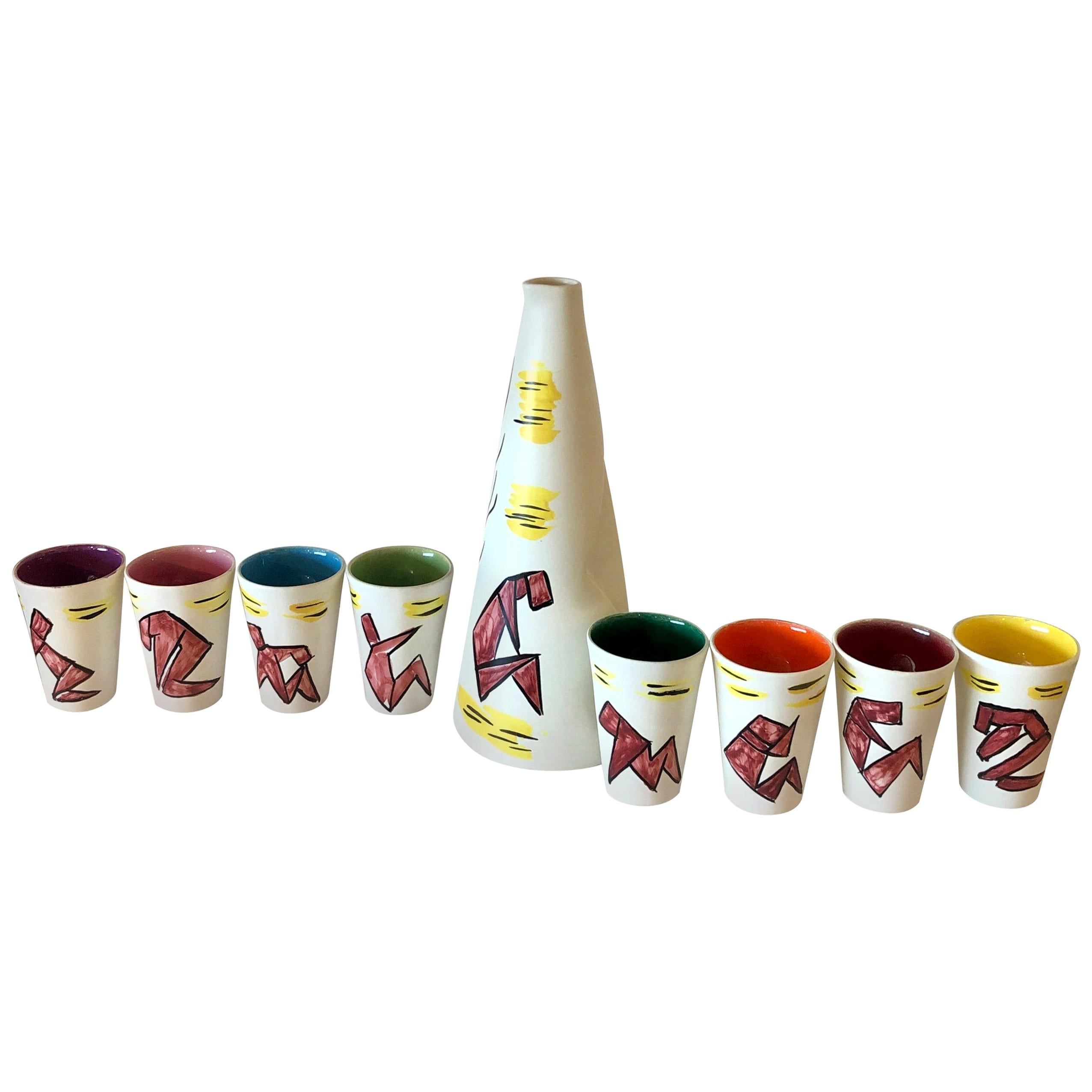 S/9 Vallauris Ivory, Yellow, Blue, Green, Red & Purple Ceramic Carafe W/ 8 Cups For Sale