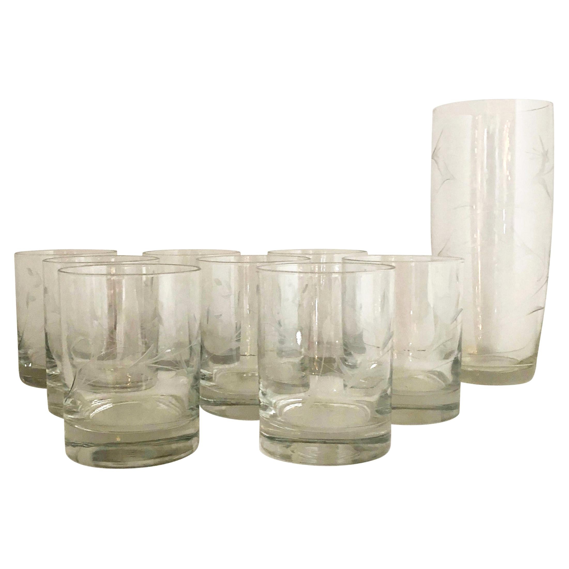 S/9 W Virginia Glass Speciality Co Clear Botanical Engraved Glasses and Carafe For Sale