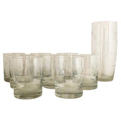 Retro S/9 W Virginia Glass Speciality Co Clear Botanical Engraved Glasses and Carafe