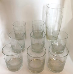 S/9 W Virginia Glass Speciality Co Clear Botanical Engraved Glasses and Carafe