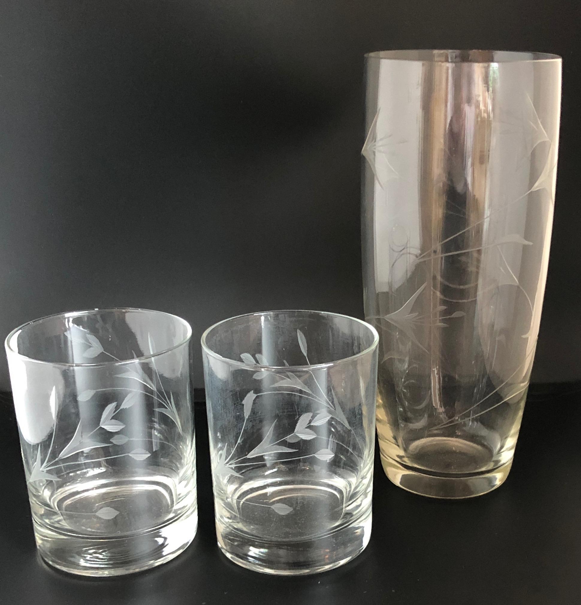 American S/9 W Virginia Glass Speciality Co Clear Botanical Engraved Glasses and Carafe For Sale