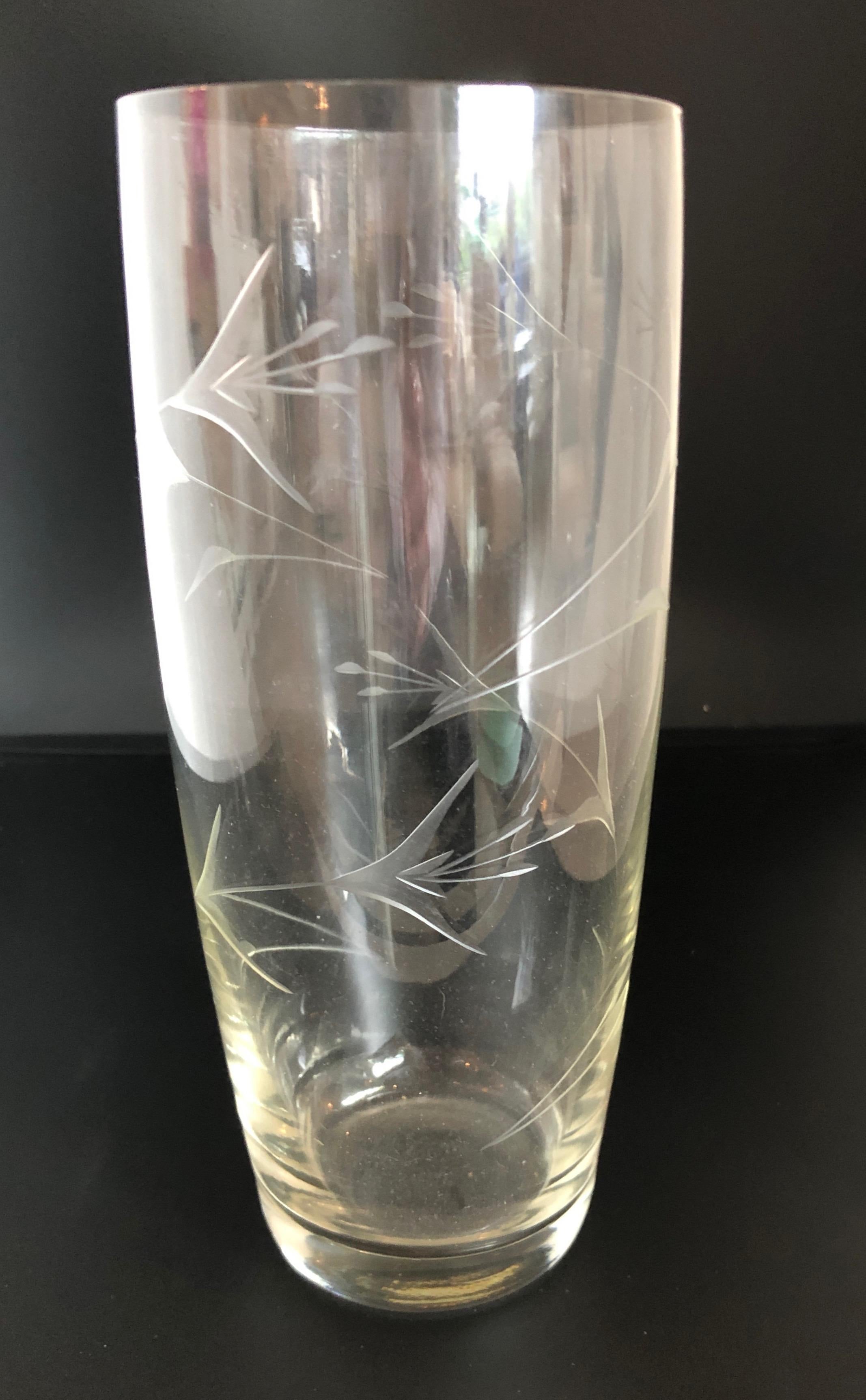 S/9 W Virginia Glass Speciality Co Clear Botanical Engraved Glasses and Carafe In Good Condition For Sale In Houston, TX