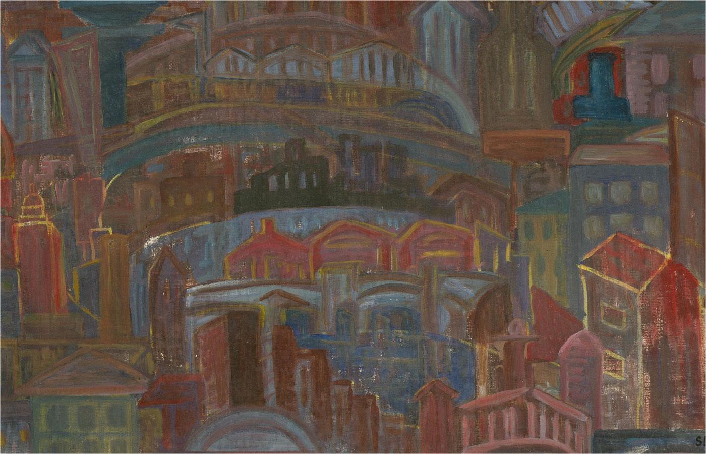 S. A - 20th Century Oil, City Silhouettes In Colour For Sale 1