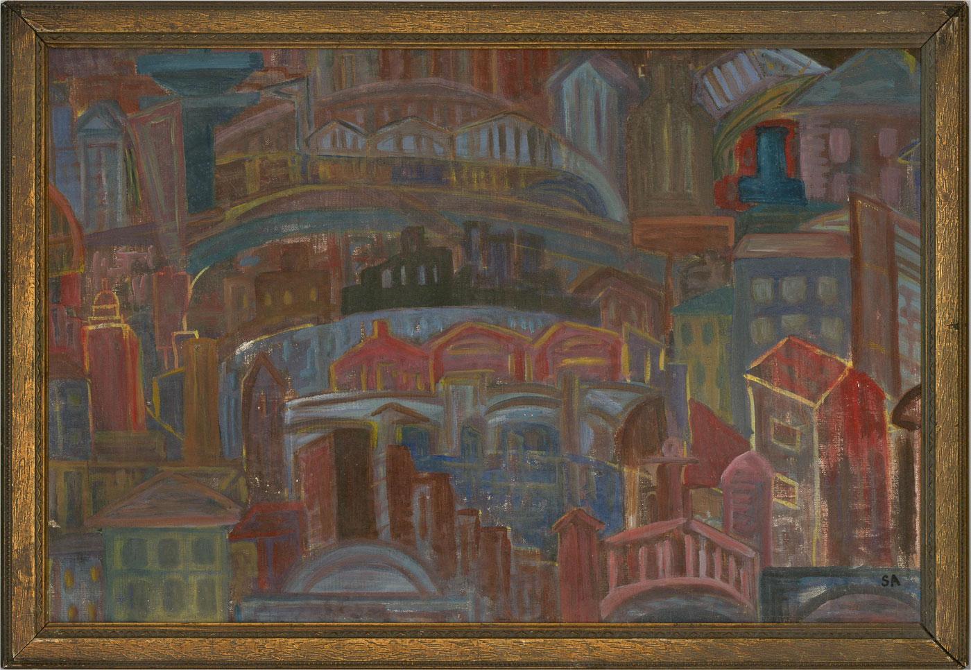 A fun and decorative mid Century oil, showing a stylised view across a vast metropolis in an array of colours. The artist has initialed to the lower right corner and the painting has been presented in an early 20th Century frame. On canvas board.