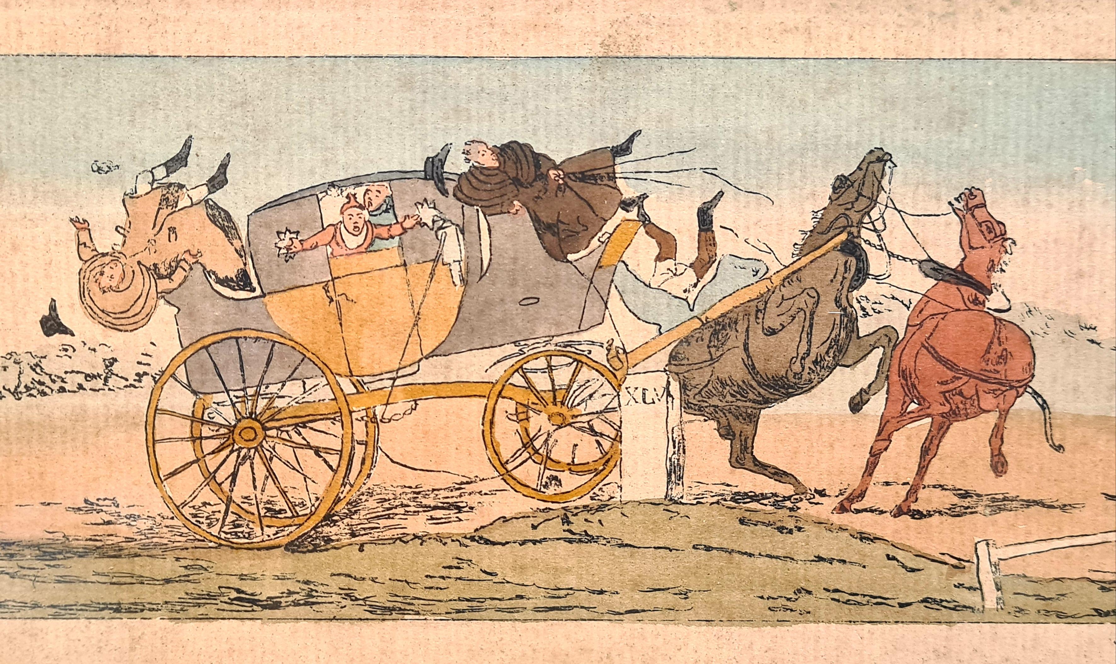 Ensemble de quatre gravures caricaturales anglaises du début du 19e siècle, coloriées à la main, représentant des chevaux et des voitures, par S et J Fuller. Présentées dans des cadres en bois uni d'époque sous verre.

Un charmant ensemble de
