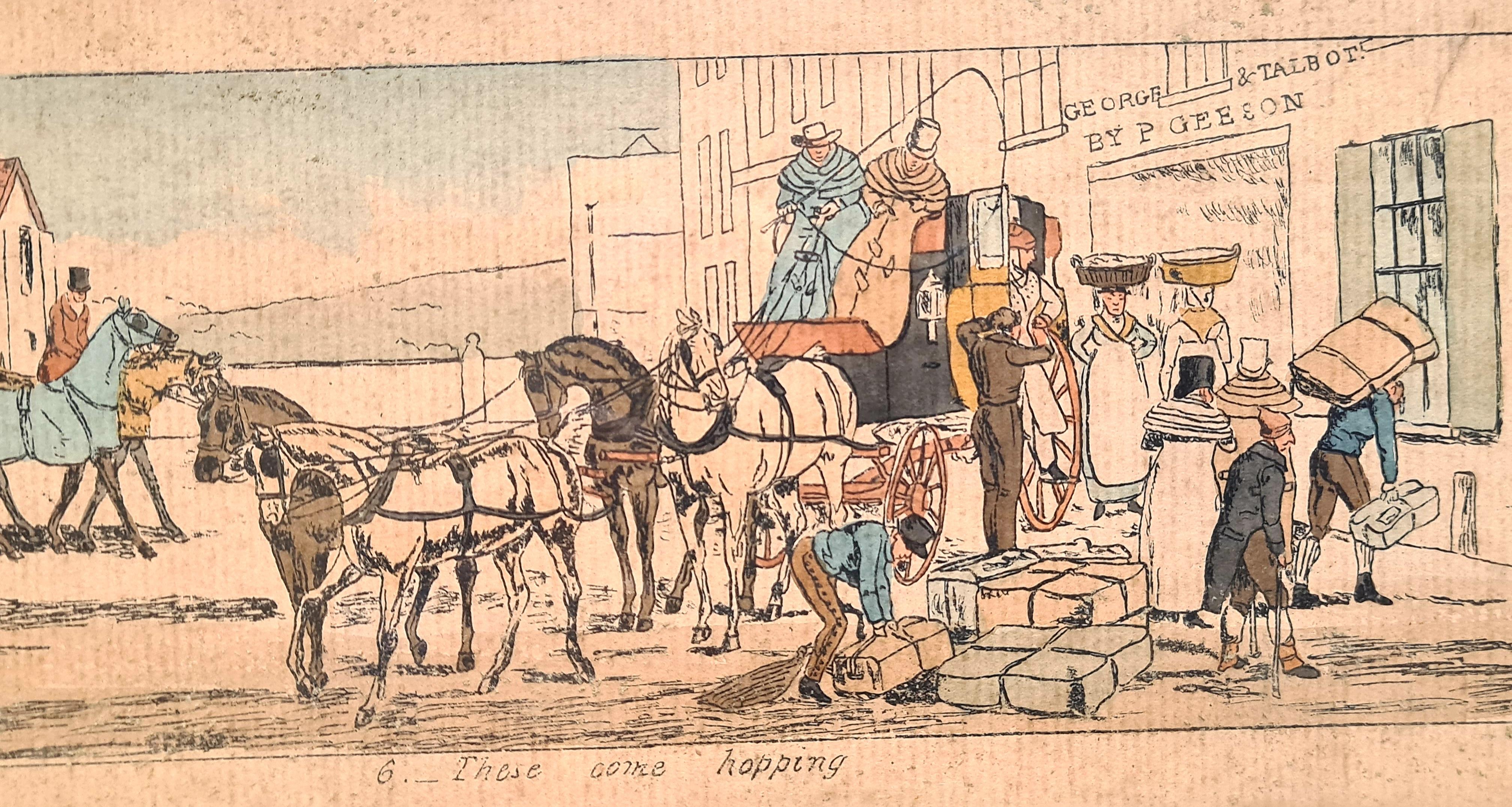 Ensemble de quatre gravures, chevaux et chariots colorées à la main du début du 19e siècle en vente 2