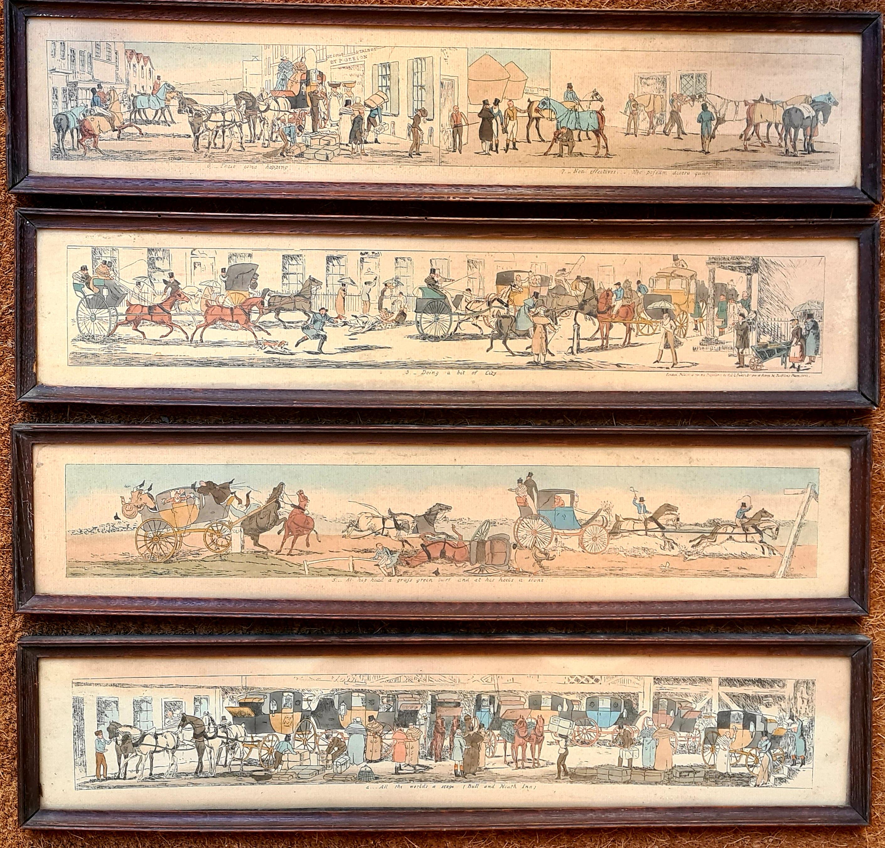 Ensemble de quatre gravures, chevaux et chariots colorées à la main du début du 19e siècle