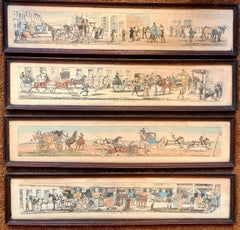 Ensemble de quatre gravures, chevaux et chariots colorées à la main du début du 19e siècle