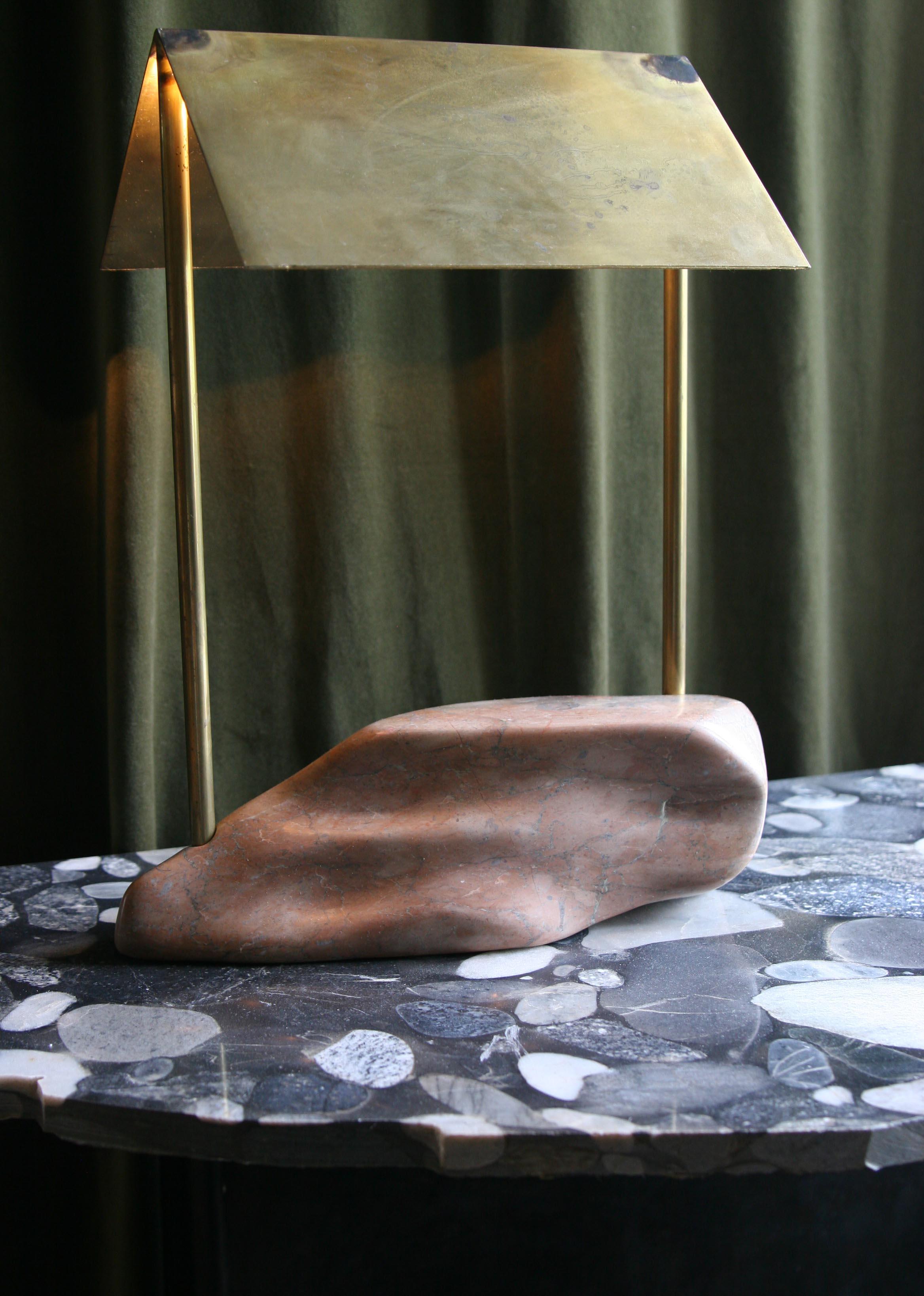 Bauhaus S-Apex Marble Sculptural Lamp of Brass and Marble, Straight Roof