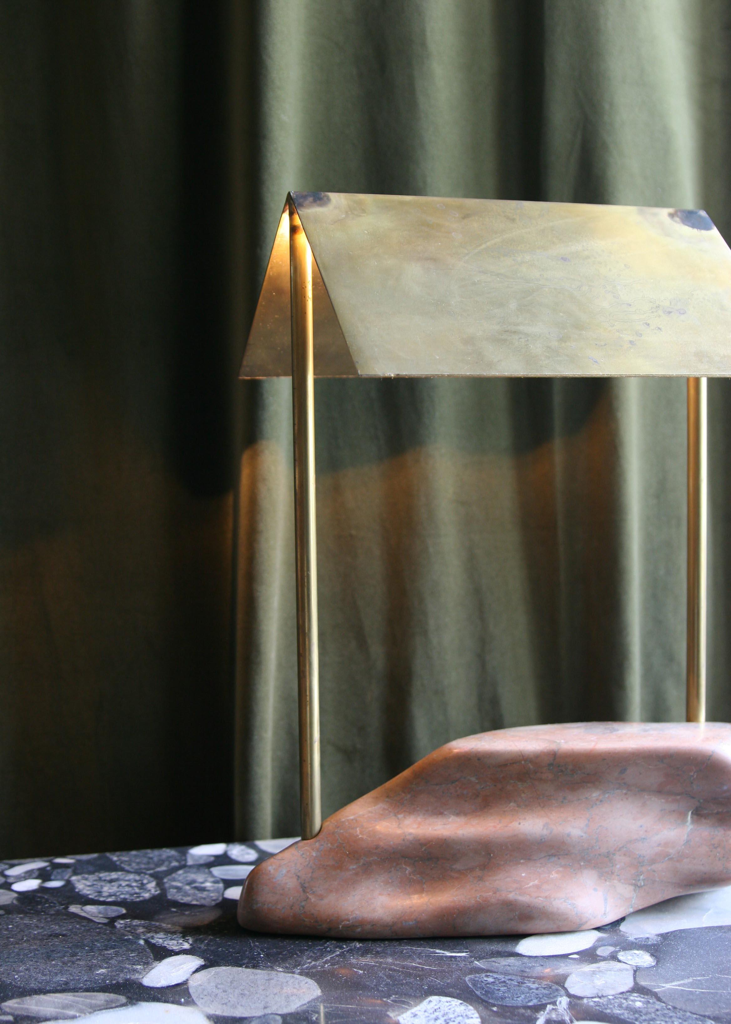 Hand-Carved S-Apex Marble Sculptural Lamp of Brass and Marble, Straight Roof