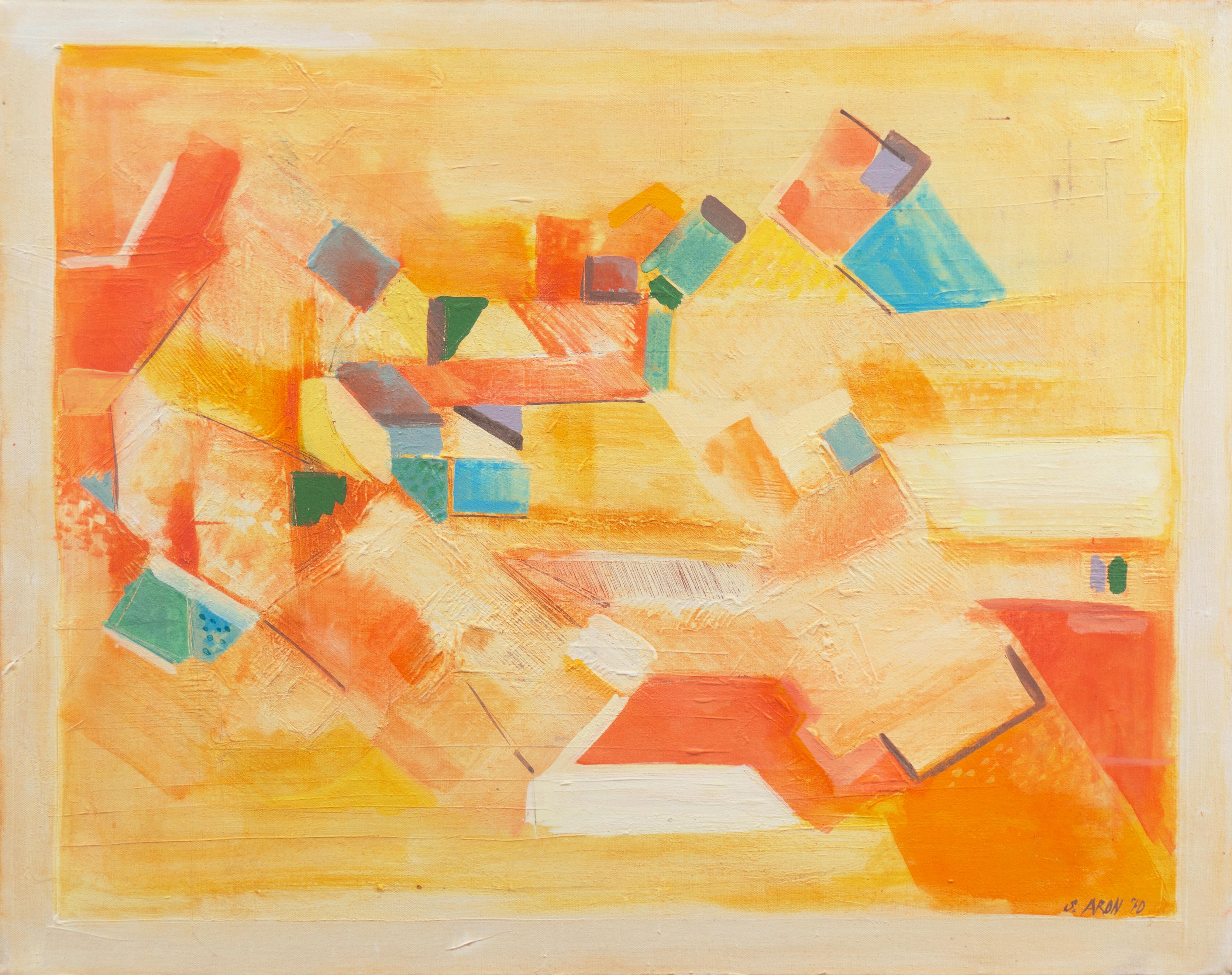 « Village in Provence », grande huile abstraite géométrique française, galerie Palo Alto - Painting de S. Aron