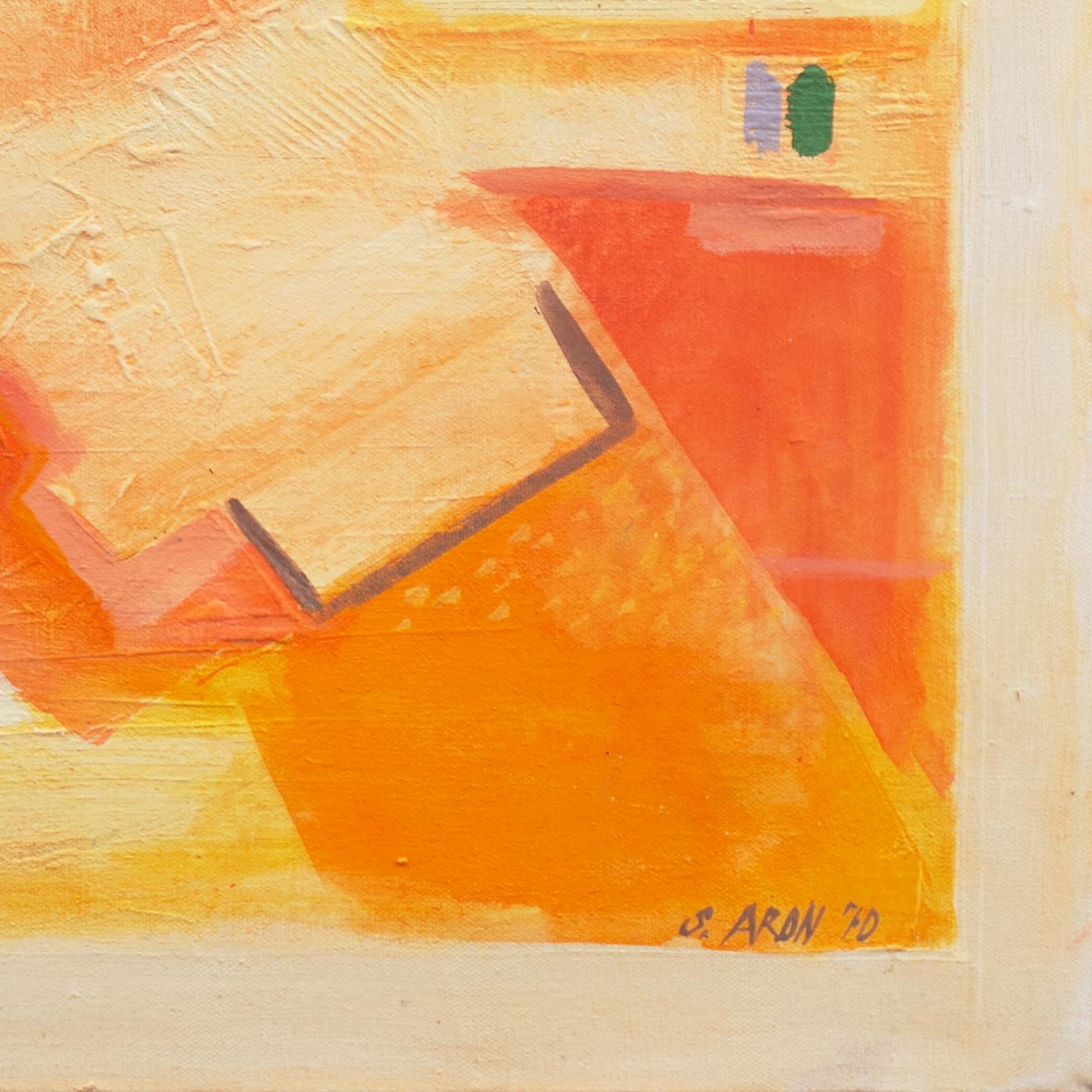 « Village in Provence », grande huile abstraite géométrique française, galerie Palo Alto - Orange Abstract Painting par S. Aron