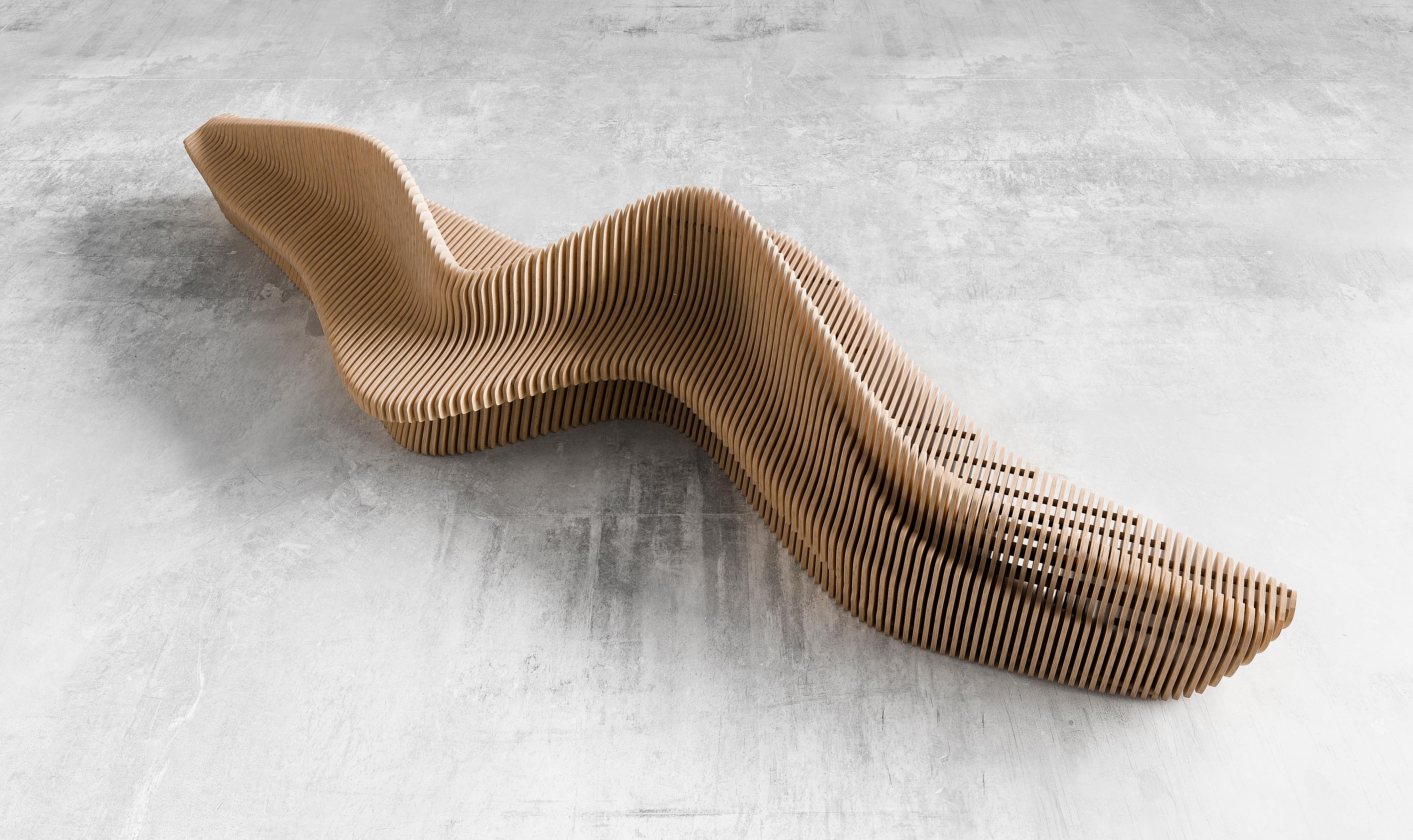 A sculptural double-sided bench designed for both functionality and aesthetics. Crafted from 18mm plywood and reinforced with metal rods, its fluid, dynamic form allows seating from both sides, making it ideal for public spaces, offices, and