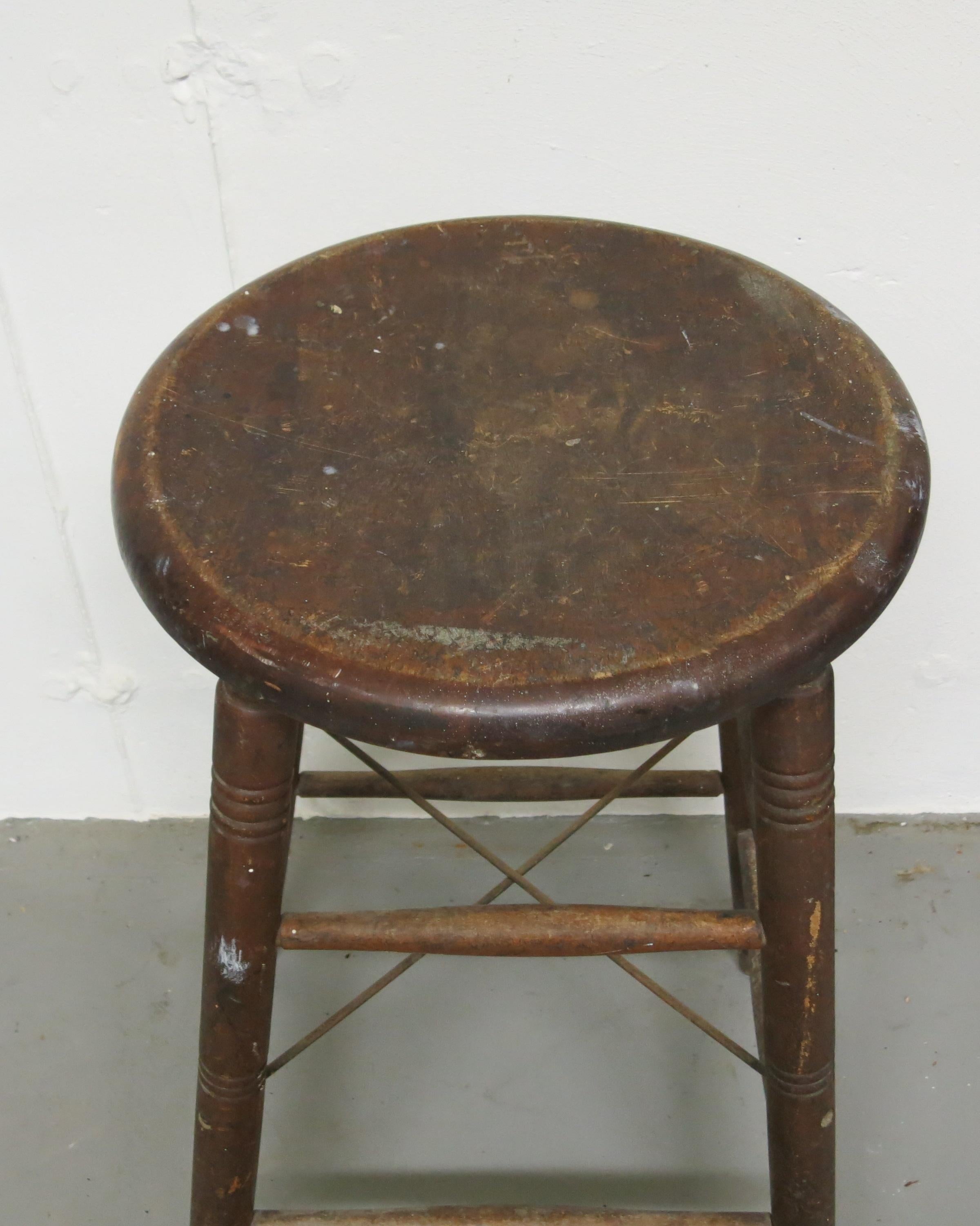 S. Bent and Brothers rustic wooden stool turn of the century. It is 27