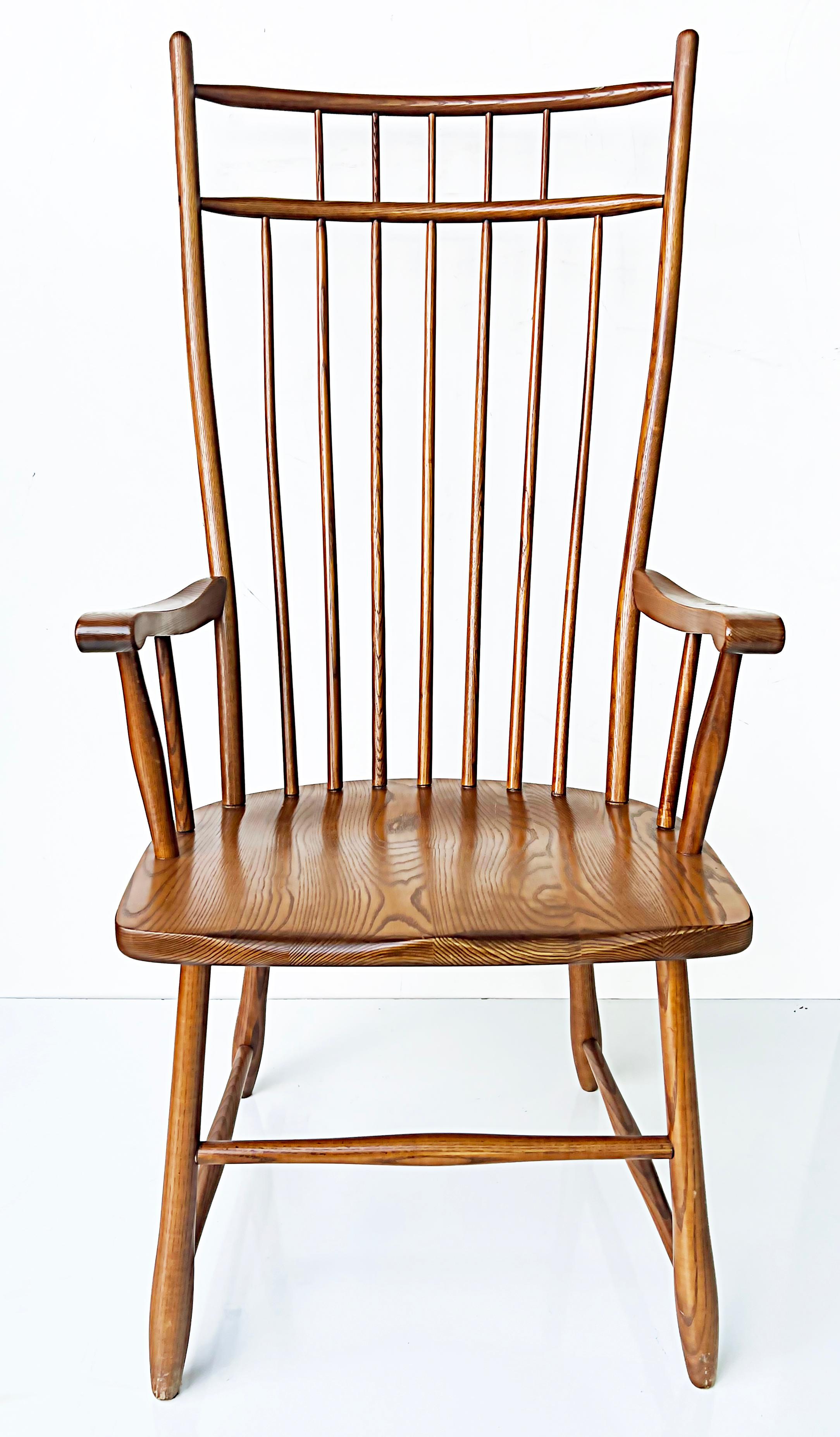 S Bent Bros. Vintage Modern Colonial Revival chairs, Set of 6 circa 1960s

Offered for sale is an exceptional set of 6 vintage Modern Colonial Windsor dining chairs made by S Bent & Brothers circa the 1960s. The chairs are maple and ash and are in