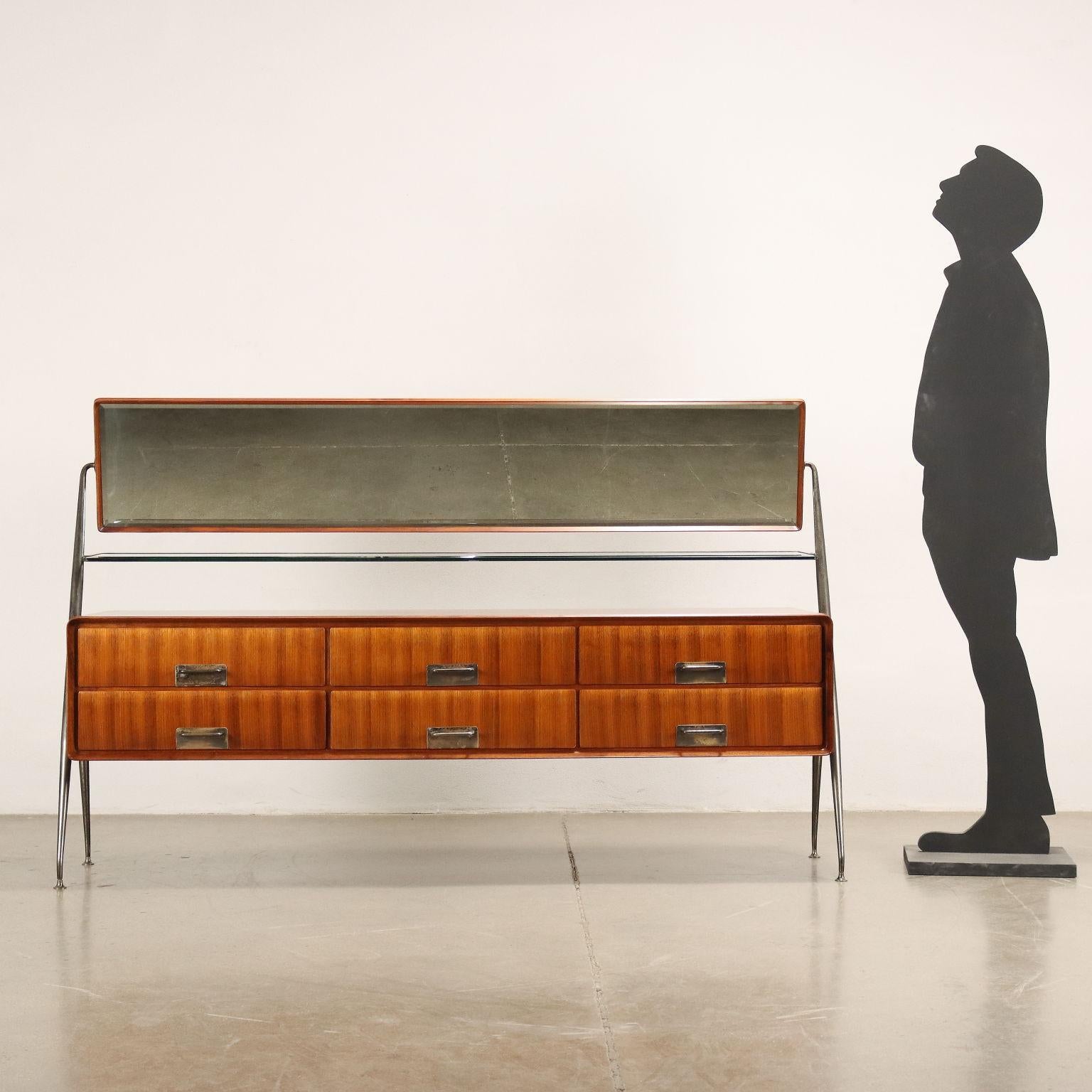 Dresser with tilting mirror; glass top, teak veneered wood, brass legs and details.